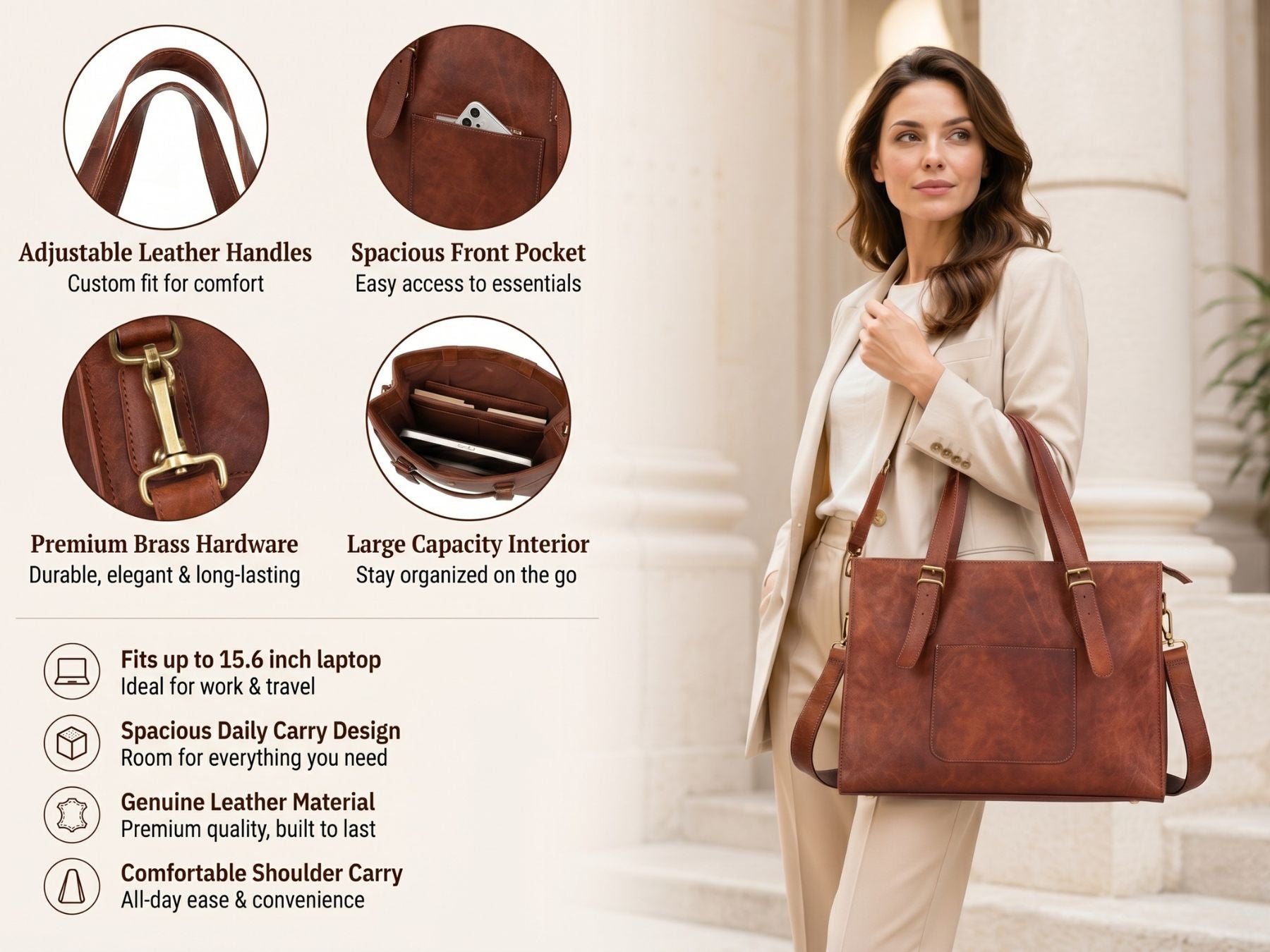 DEKVIO Leather Laptop Tote Bag for Women 15.6 Inch Work Bag Shoulder Handbag with Trolley Sleeve Office Travel Purse