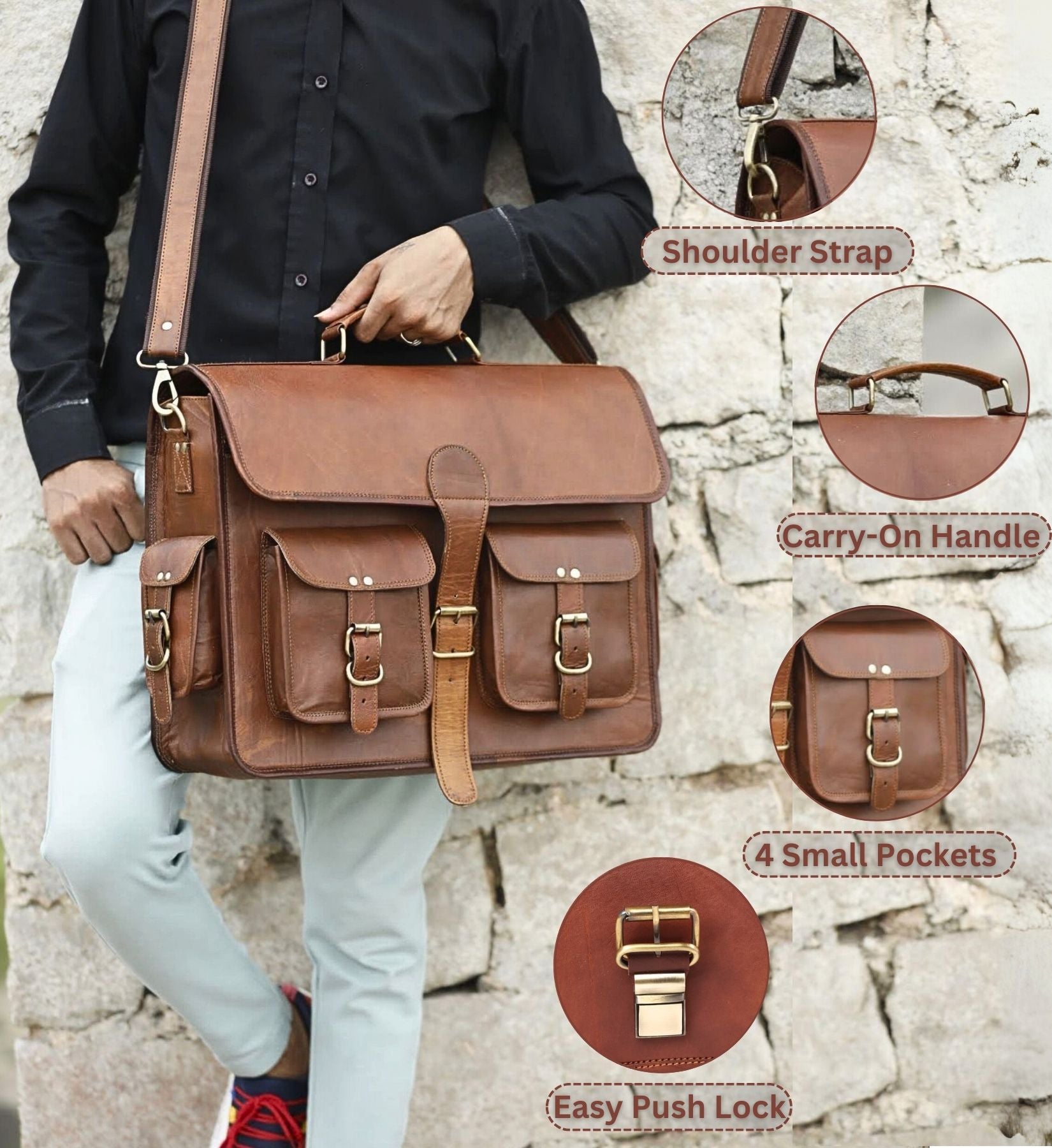 DEKVIO Leather Messenger Bag 17 Inch Laptop Briefcase for Men Women XL Vintage Shoulder Bag Office Satchel
