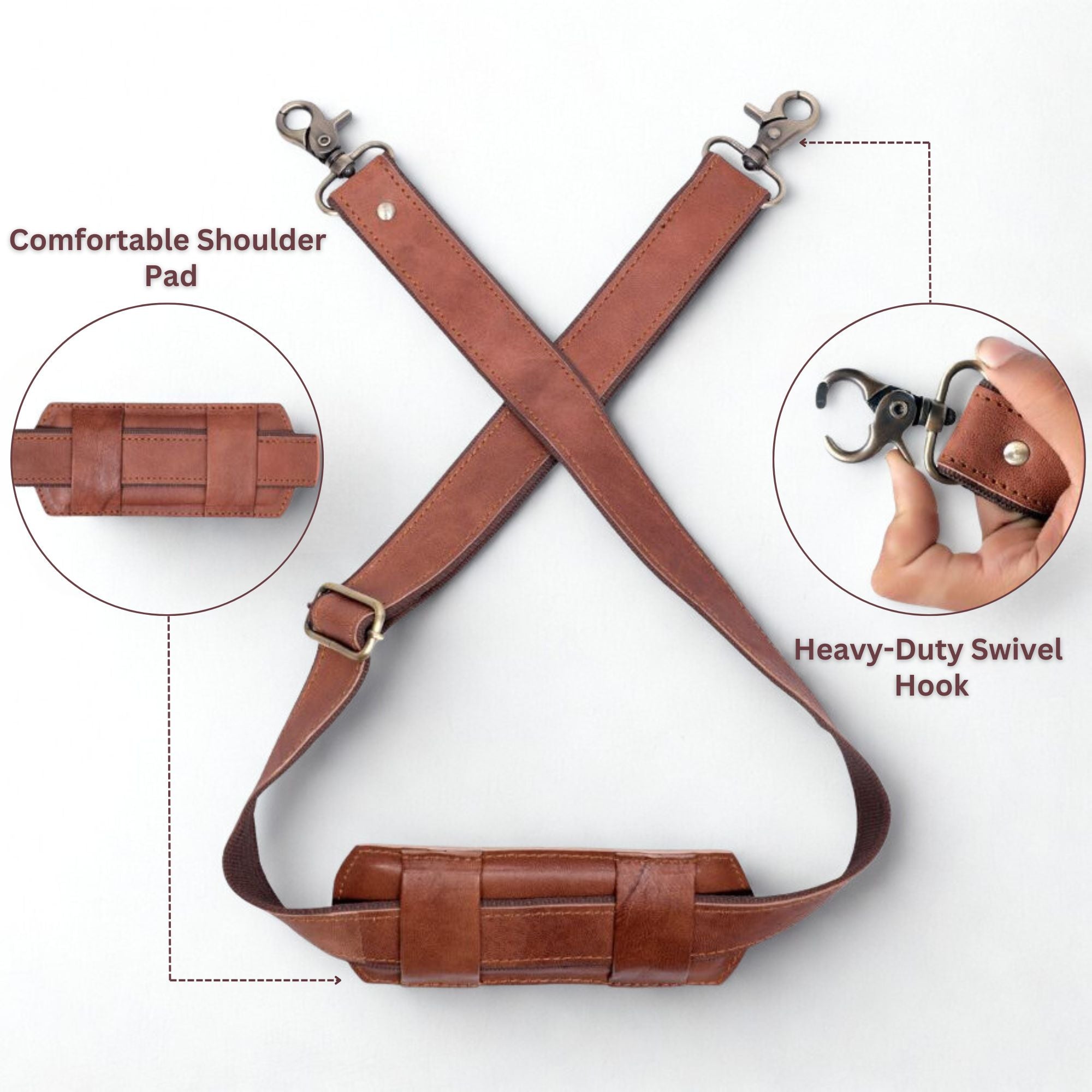 DEKVIO Brown Genuine Leather Replacement Shoulder Strap | Universal Adjustable Crossbody Strap for Duffle, Messenger, Laptop & Briefcase Bags