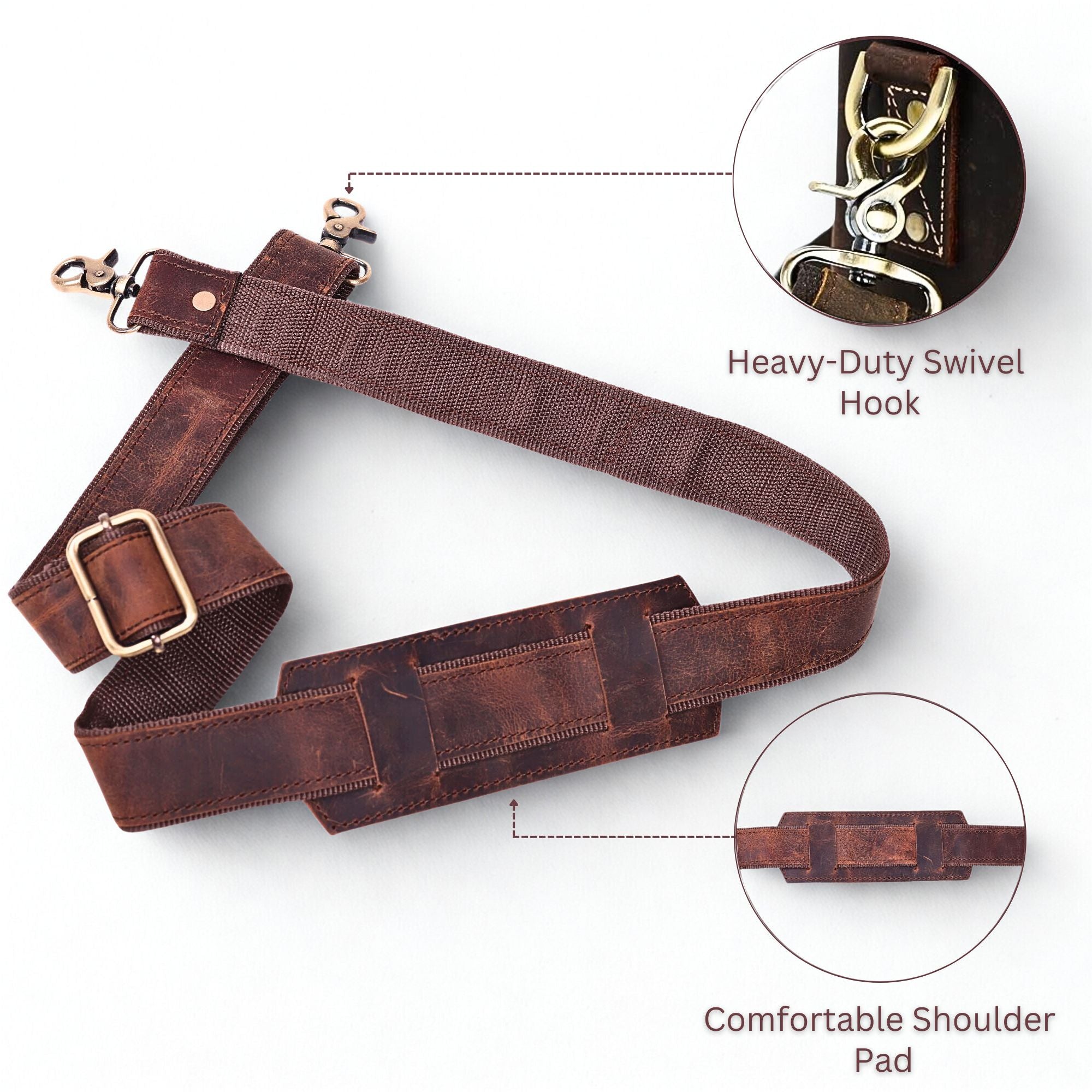 DEKVIO Mahogany Brown Genuine Leather Replacement Shoulder Strap | Universal Adjustable Crossbody Strap for Duffle, Messenger, Laptop & Briefcase Bags