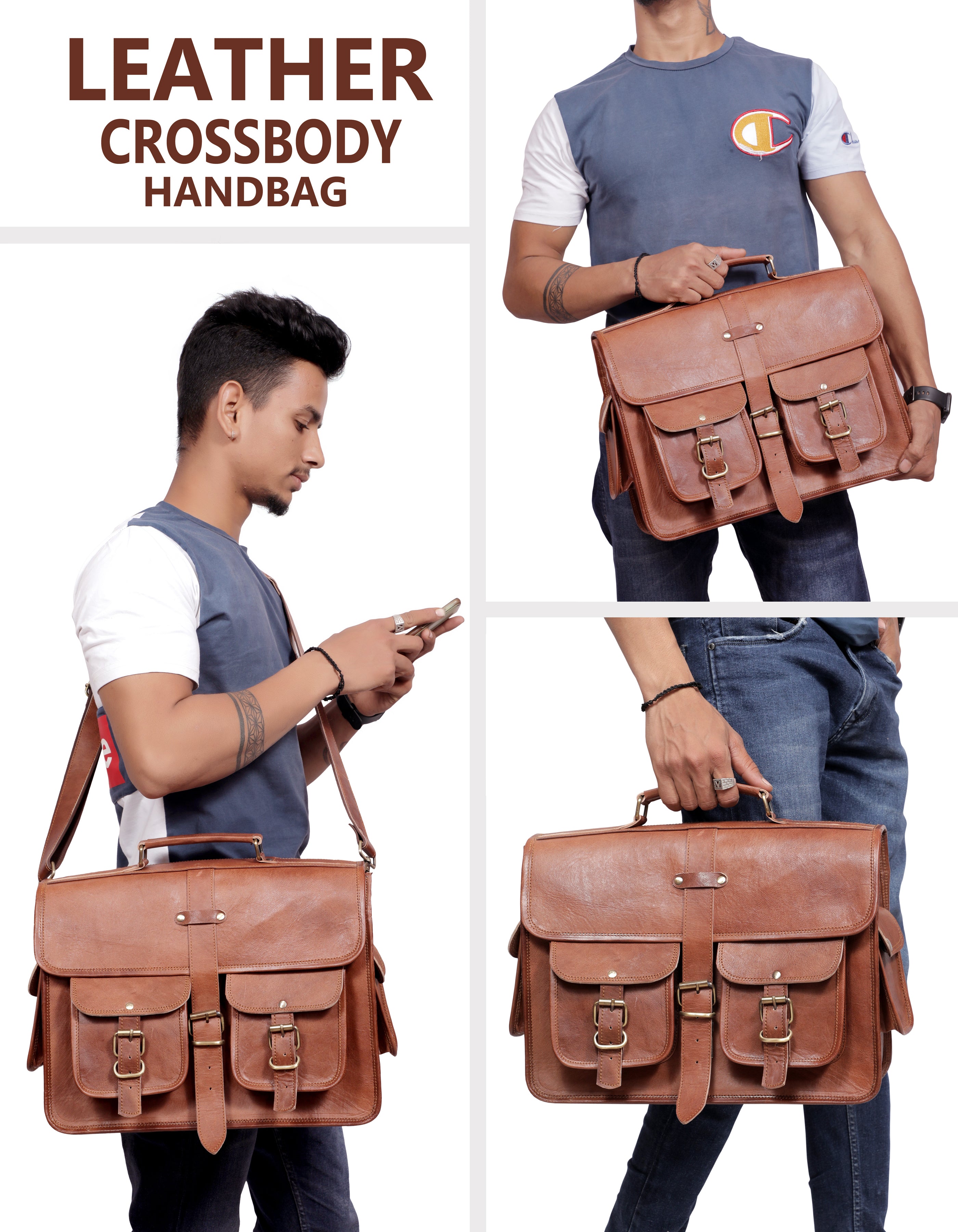 DEKVIO Leather Messenger Bag Vintage Crossbody Laptop Briefcase 15.6 Inch Shoulder Satchel for Men Women