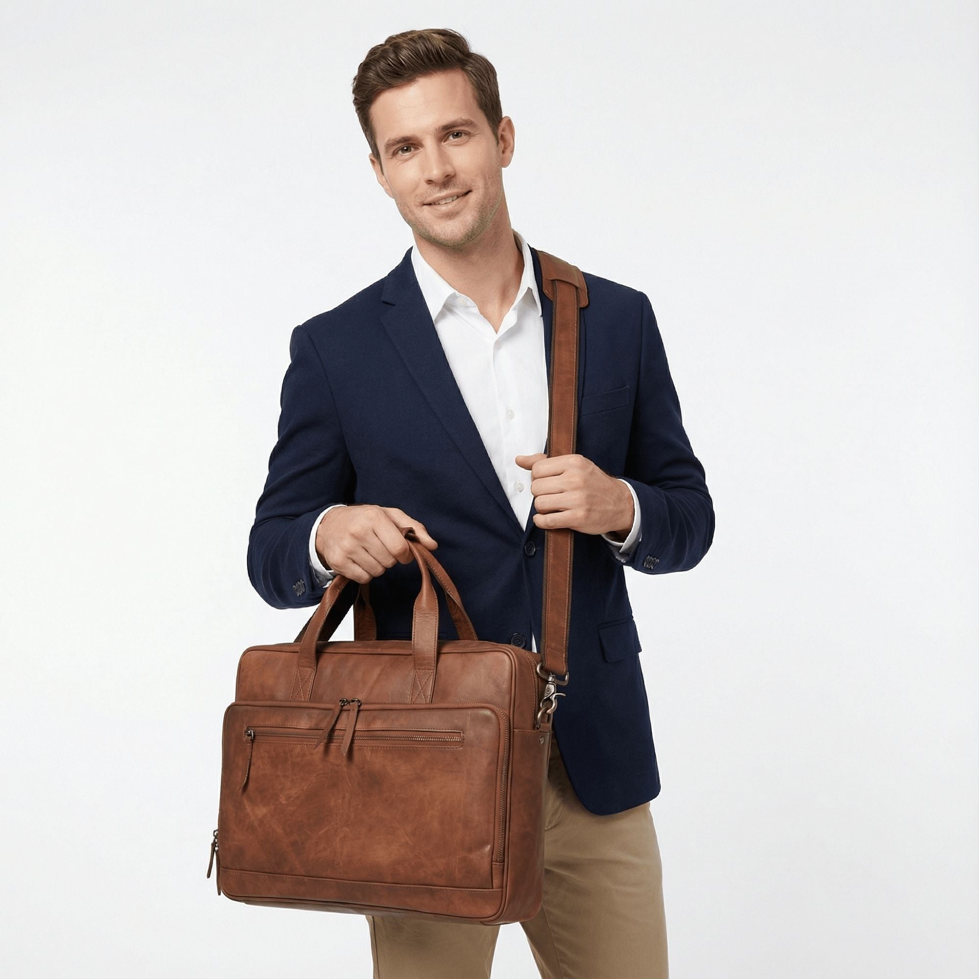DEKVIO Leather Laptop Briefcase 16 Inch Professional Business Bag for Men Women Modern Work Bag with Trolley Sleeve