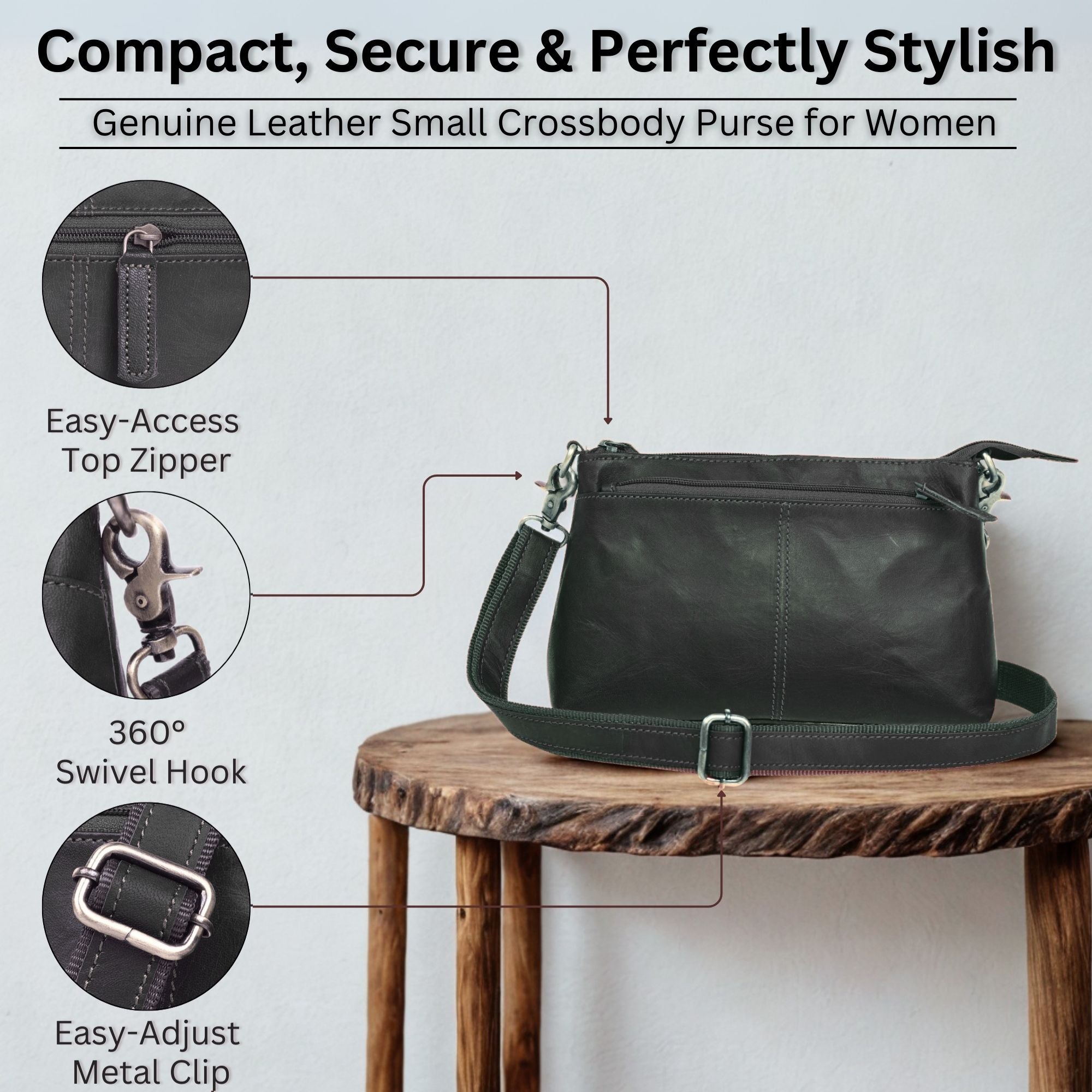 DEKVIO Small Genuine Leather Crossbody Purse for Women | 3-Zip Vintage Leather Shoulder Bag | Brown, Coffee, Tan, Black