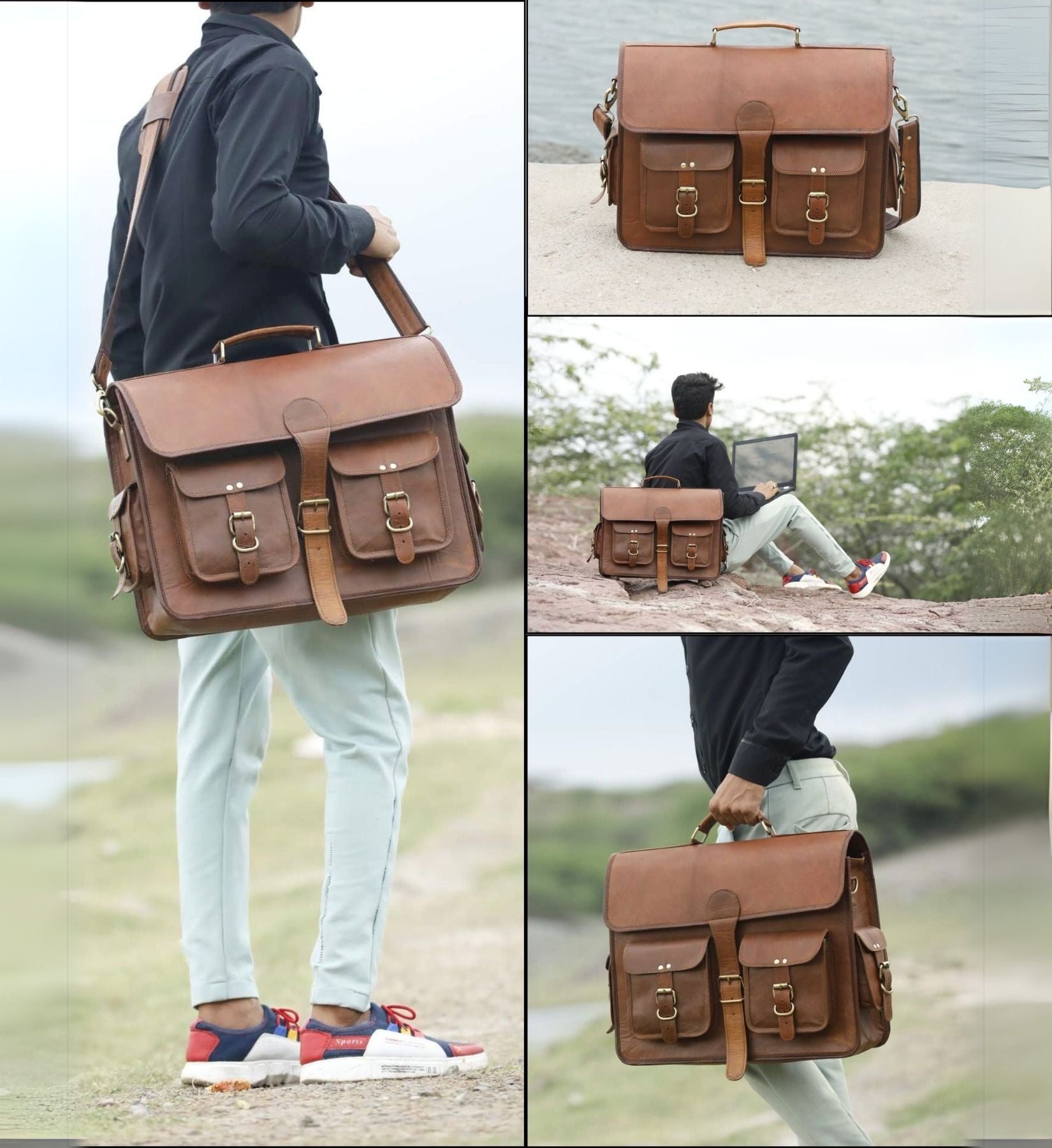 DEKVIO Leather Messenger Bag 17 Inch Laptop Briefcase for Men Women XL Vintage Shoulder Bag Office Satchel