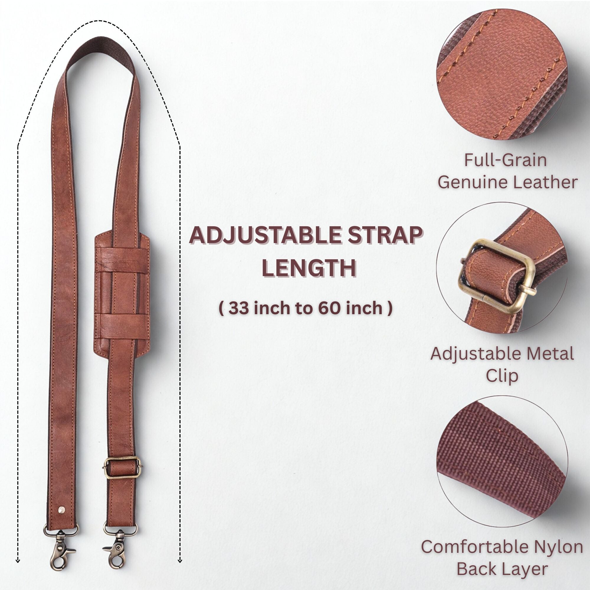 DEKVIO Brown Genuine Leather Replacement Shoulder Strap | Universal Adjustable Crossbody Strap for Duffle, Messenger, Laptop & Briefcase Bags