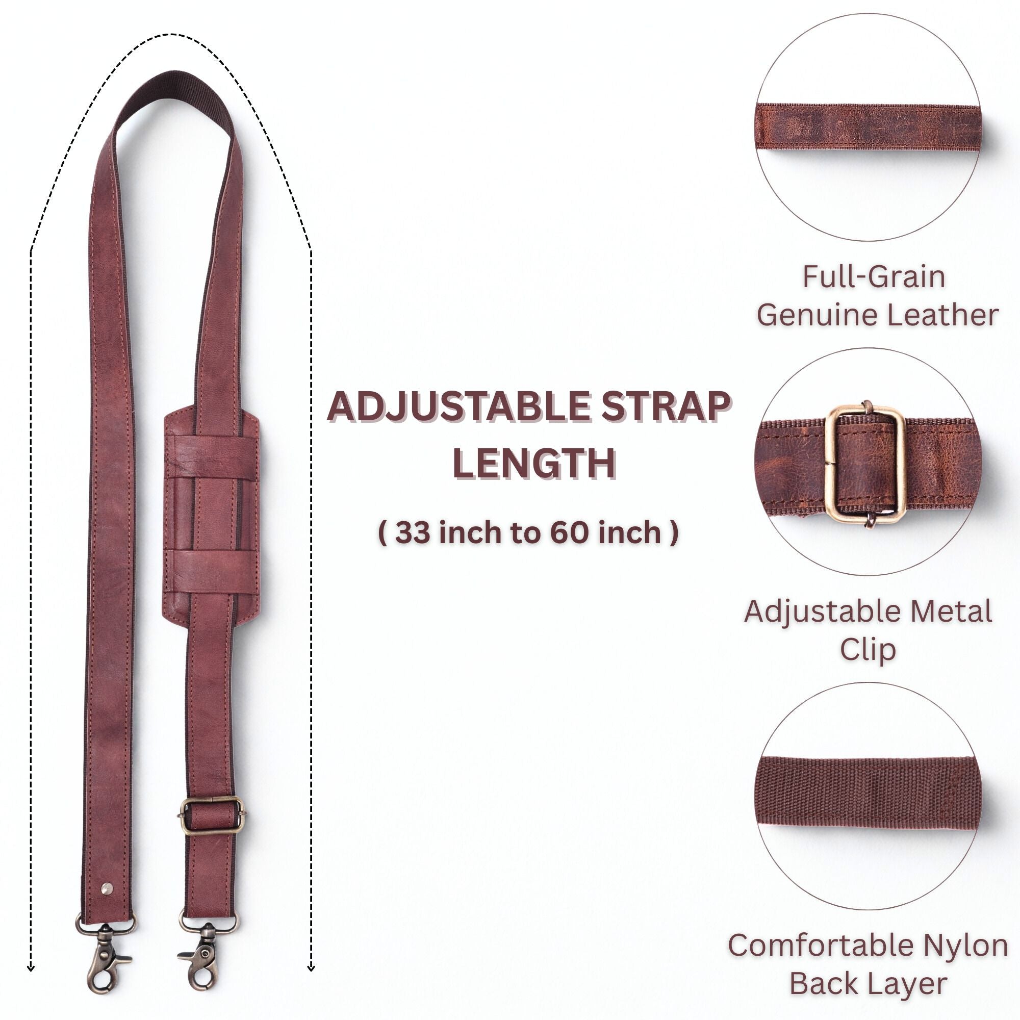 DEKVIO Mahogany Brown Genuine Leather Replacement Shoulder Strap | Universal Adjustable Crossbody Strap for Duffle, Messenger, Laptop & Briefcase Bags