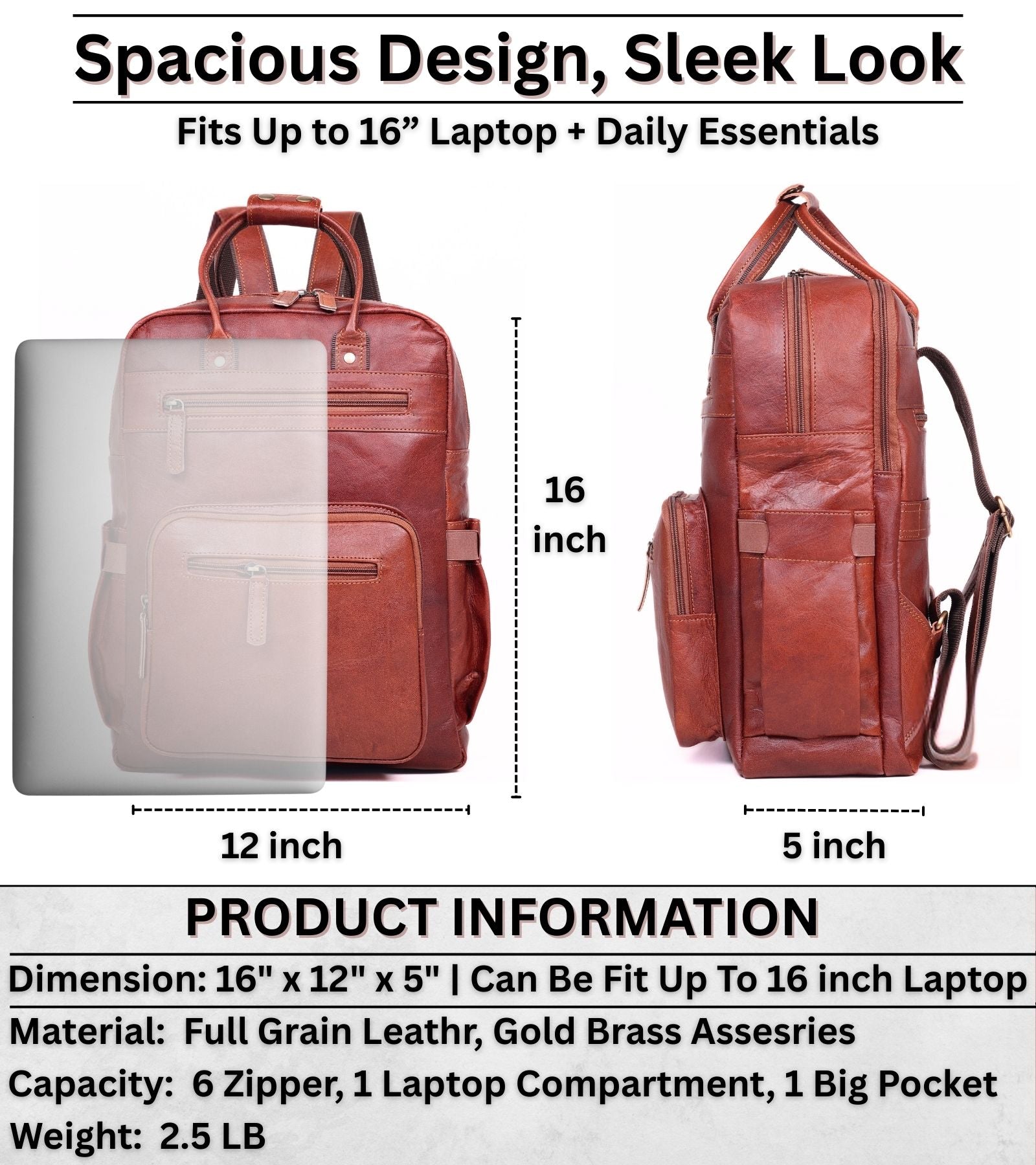 DEKVIO 16" Handcrafted Genuine Leather Laptop Backpack | Travel & Business Rucksack for Men & Women | Brown, Coffee, Tan, Black