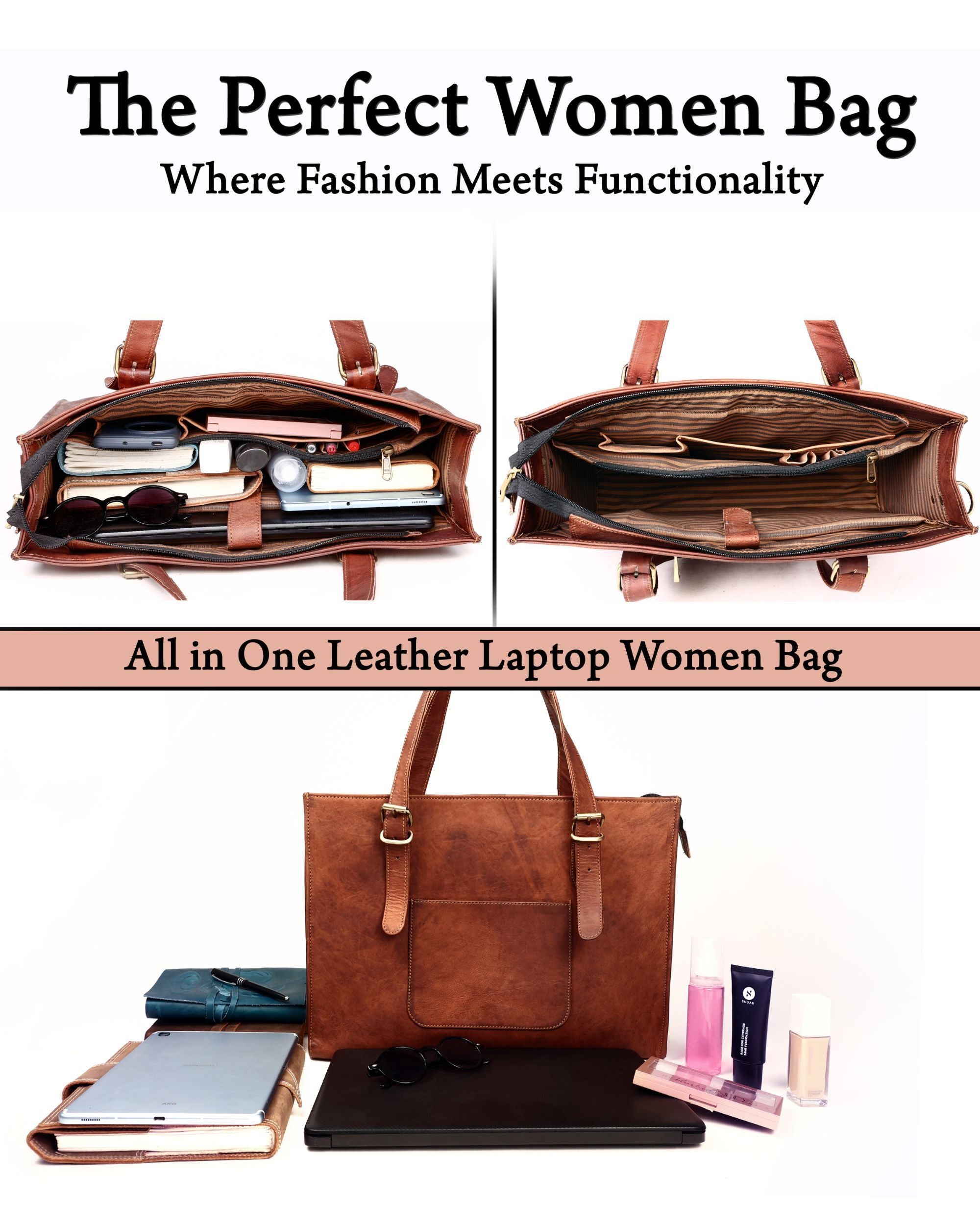 DEKVIO Leather Laptop Tote Bag for Women 15.6 Inch Work Bag Shoulder Handbag with Trolley Sleeve Office Travel Purse