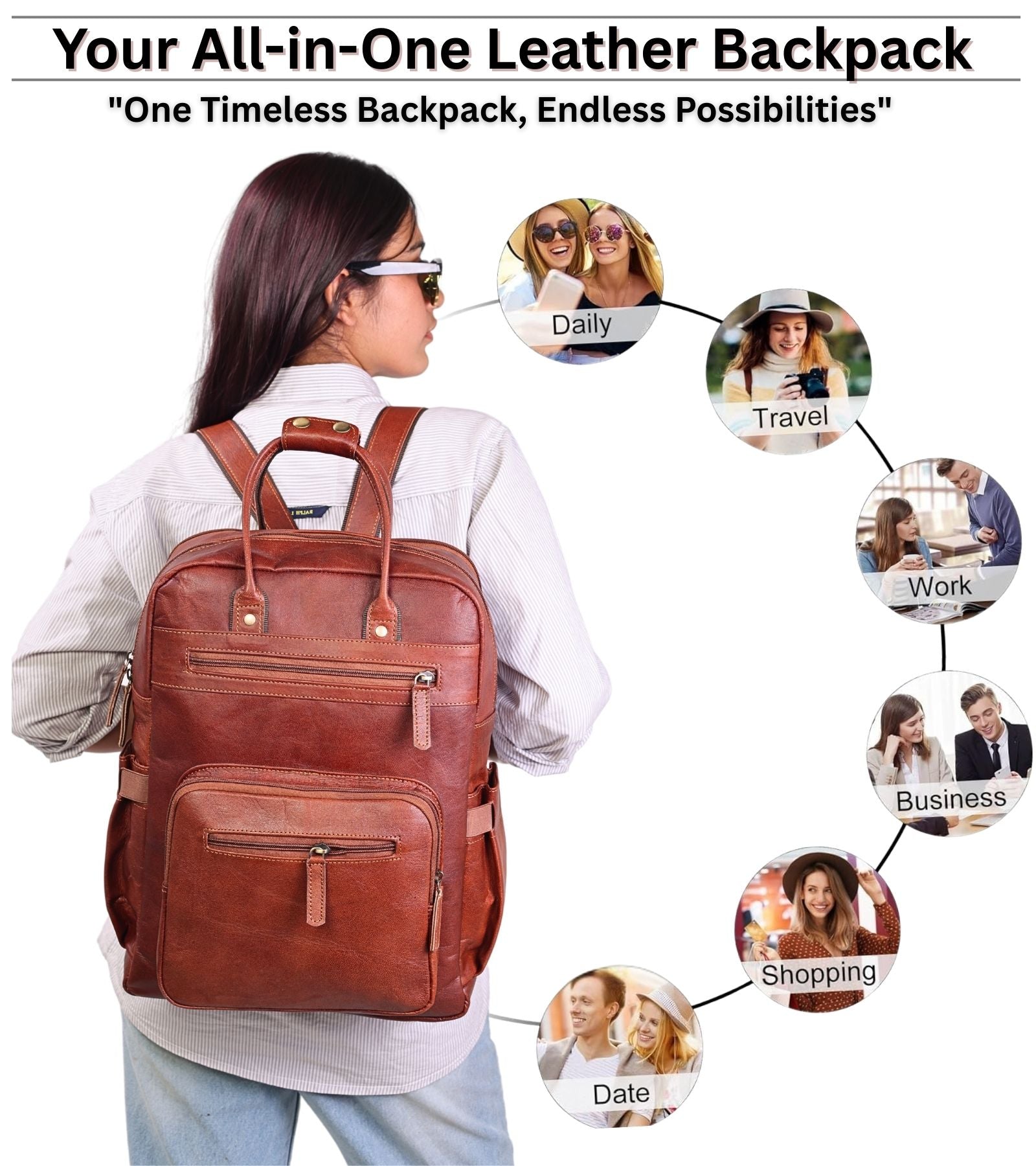 DEKVIO 17" Large Handcrafted Genuine Leather Backpack | Triple-Buckle Adventure Rucksack for Men & Women | Travel, Hiking & Office | Brown, Coffee, Tan, Black