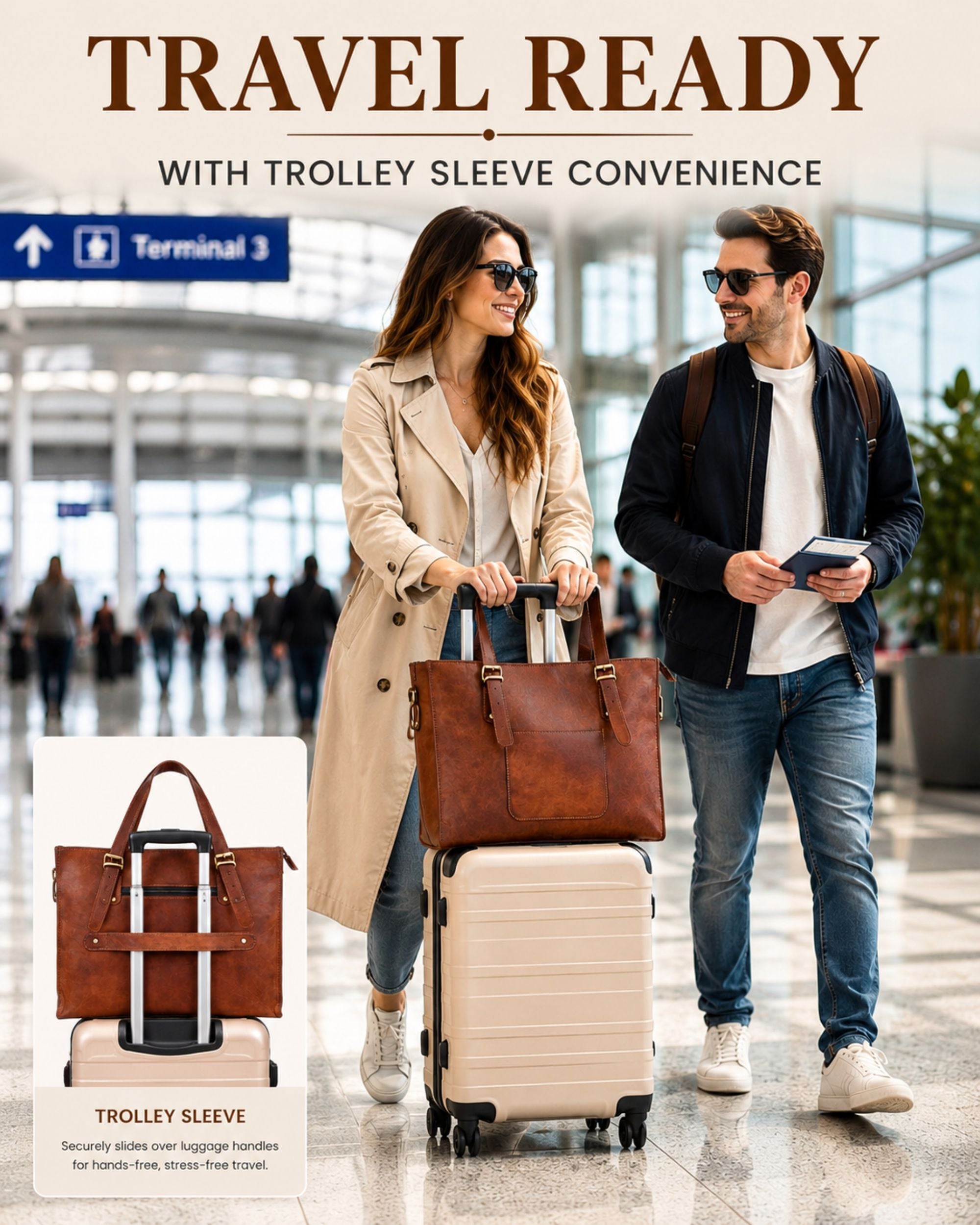 DEKVIO Leather Laptop Tote Bag for Women 15.6 Inch Work Bag Shoulder Handbag with Trolley Sleeve Office Travel Purse