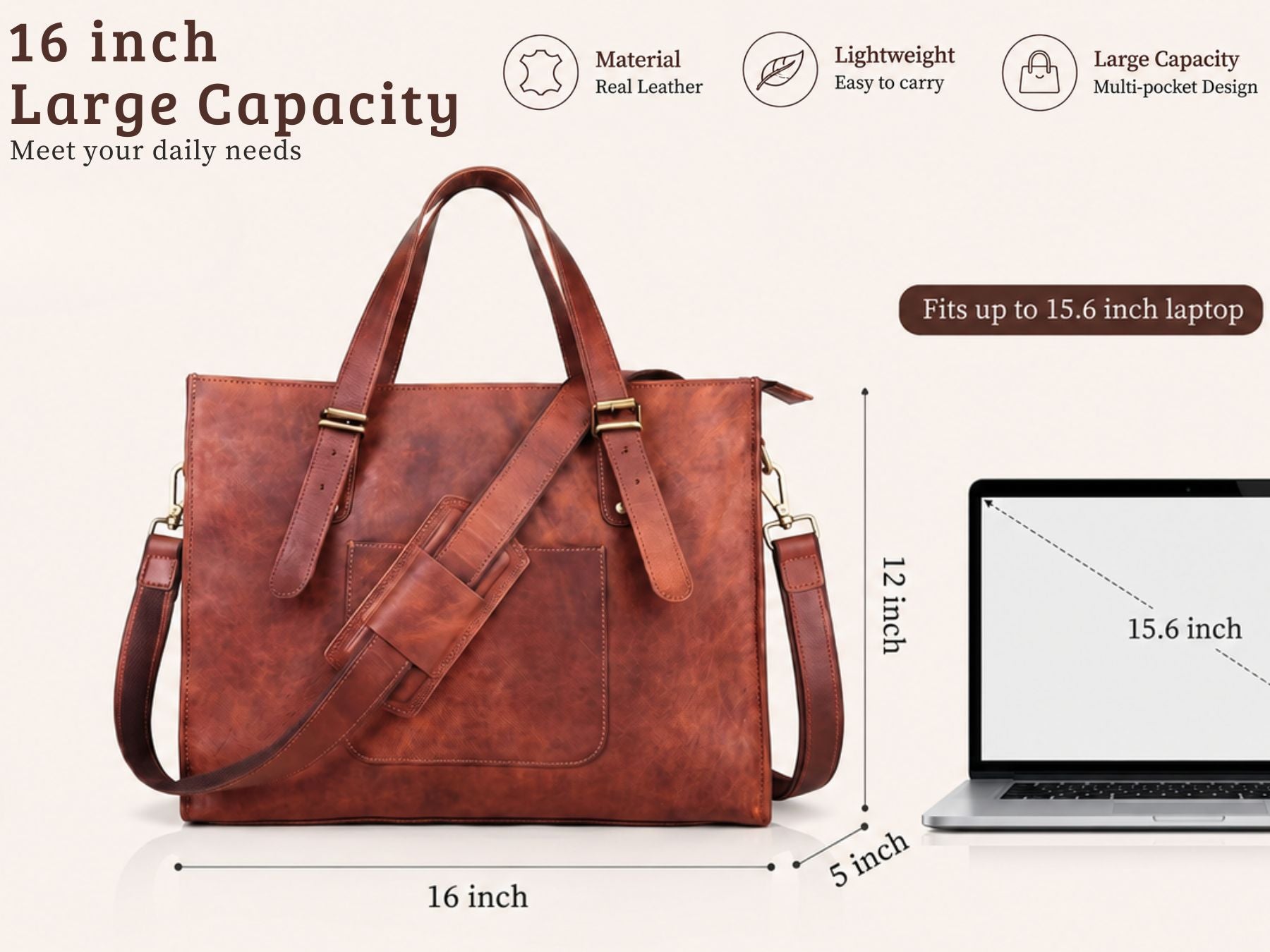 DEKVIO Leather Laptop Tote Bag for Women 15.6 Inch Work Bag Shoulder Handbag with Trolley Sleeve Office Travel Purse