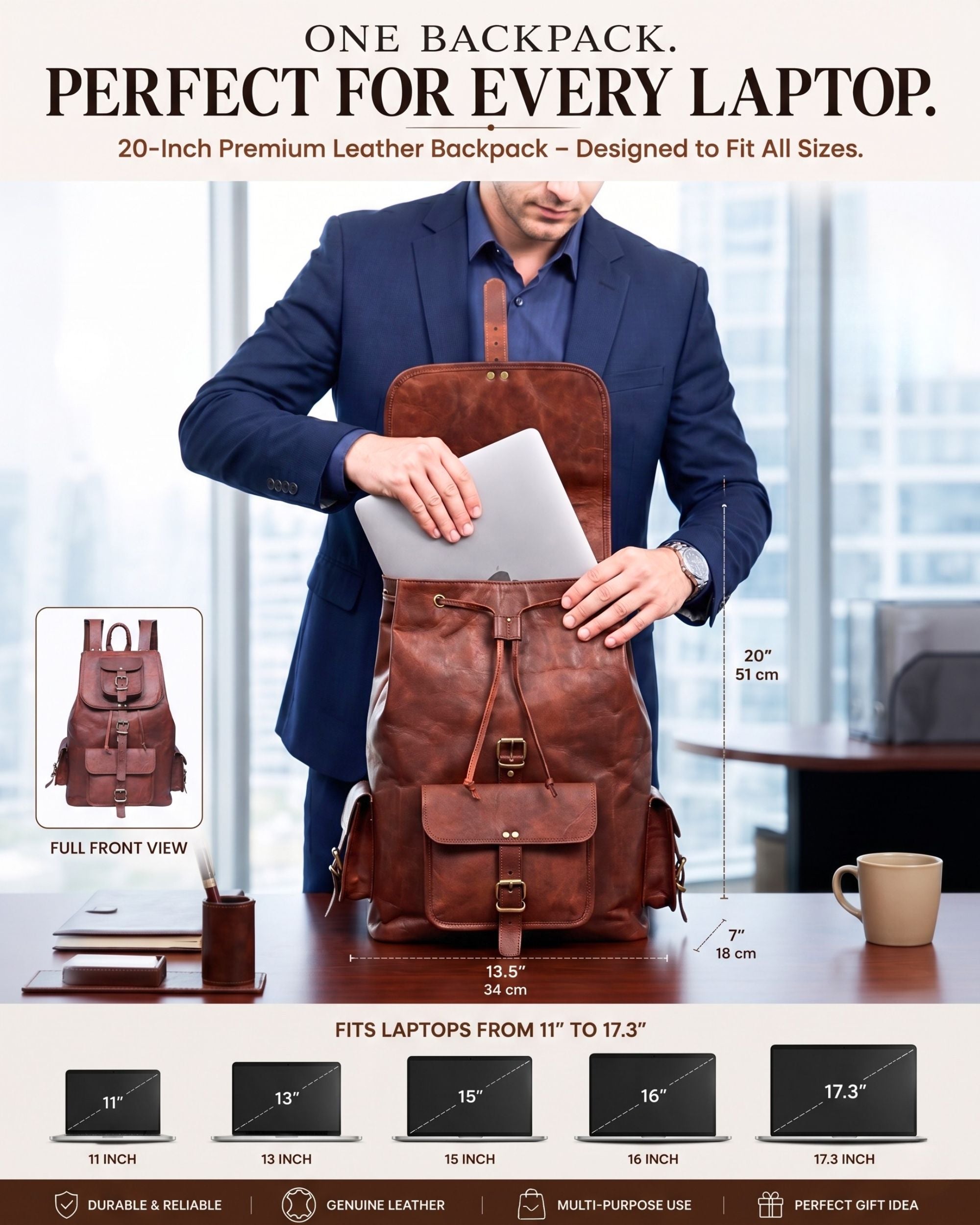 DEKVIO 20" Handcrafted Genuine Leather Backpack | Laptop Rucksack for Men & Women | Travel, Work & College Bag | Brown, Coffee, Tan, Black