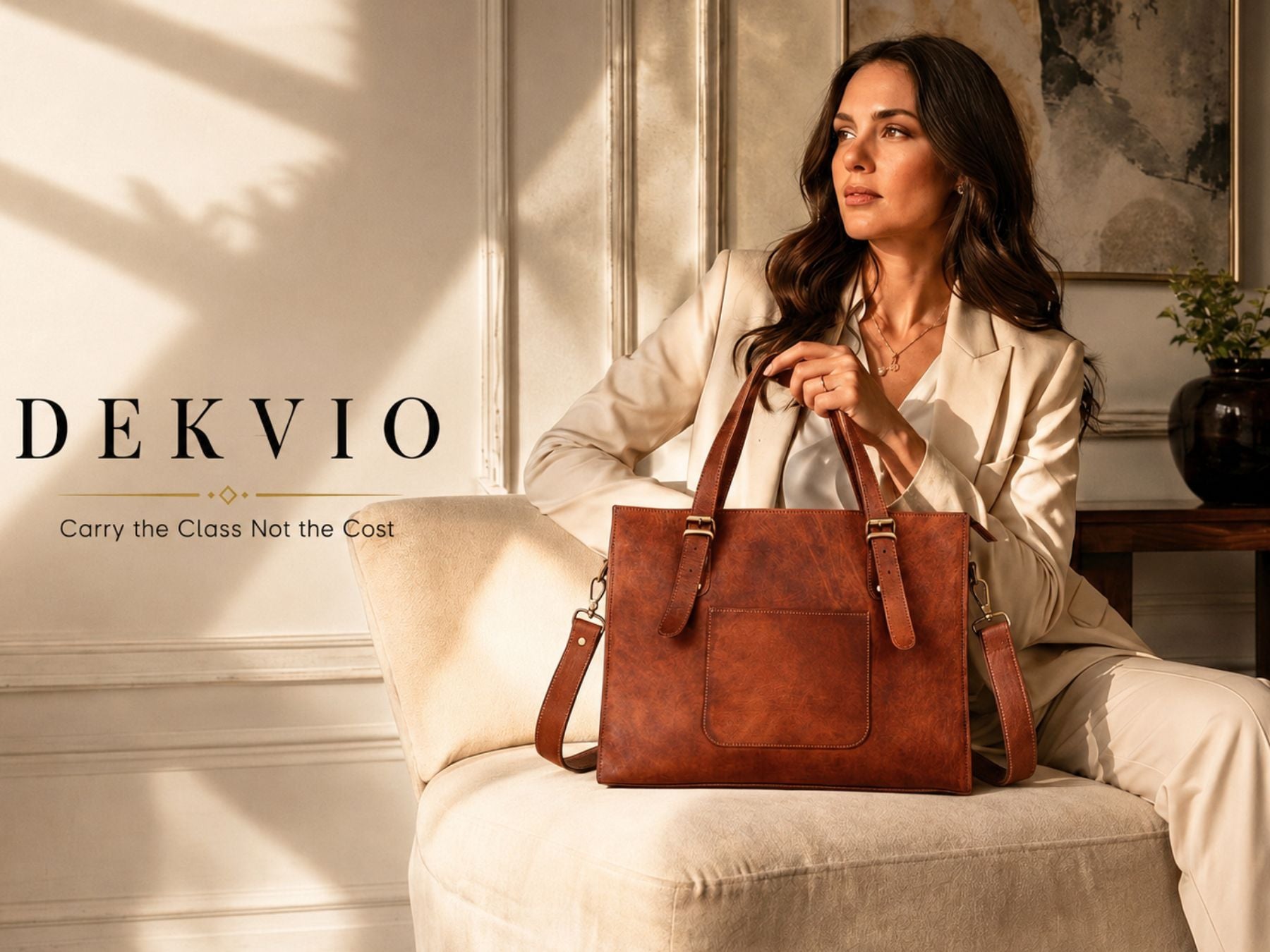 DEKVIO Leather Laptop Tote Bag for Women 15.6 Inch Work Bag Shoulder Handbag with Trolley Sleeve Office Travel Purse