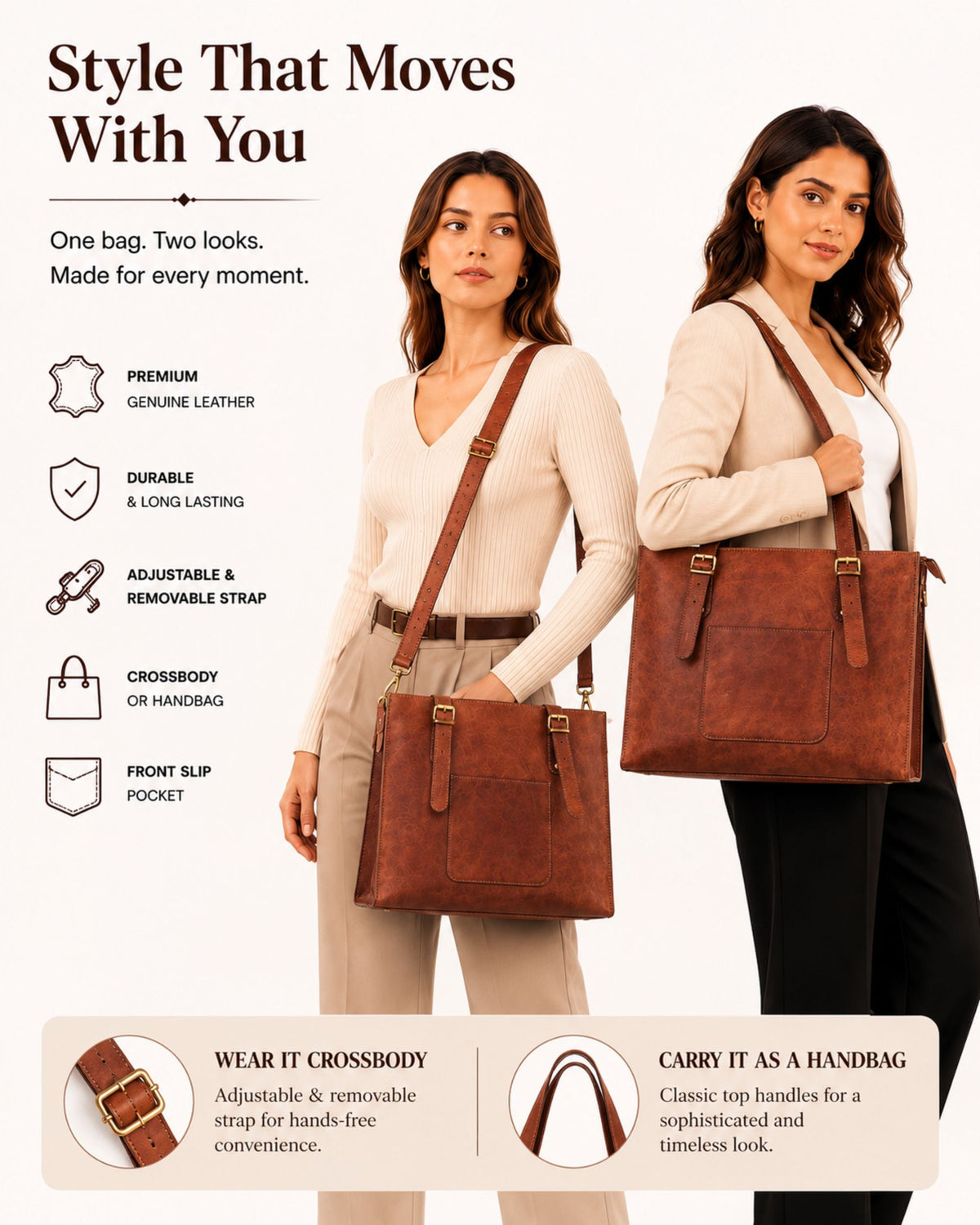 DEKVIO 15.6 inch leather laptop tote work bag with trolley sleeve — product photo 8