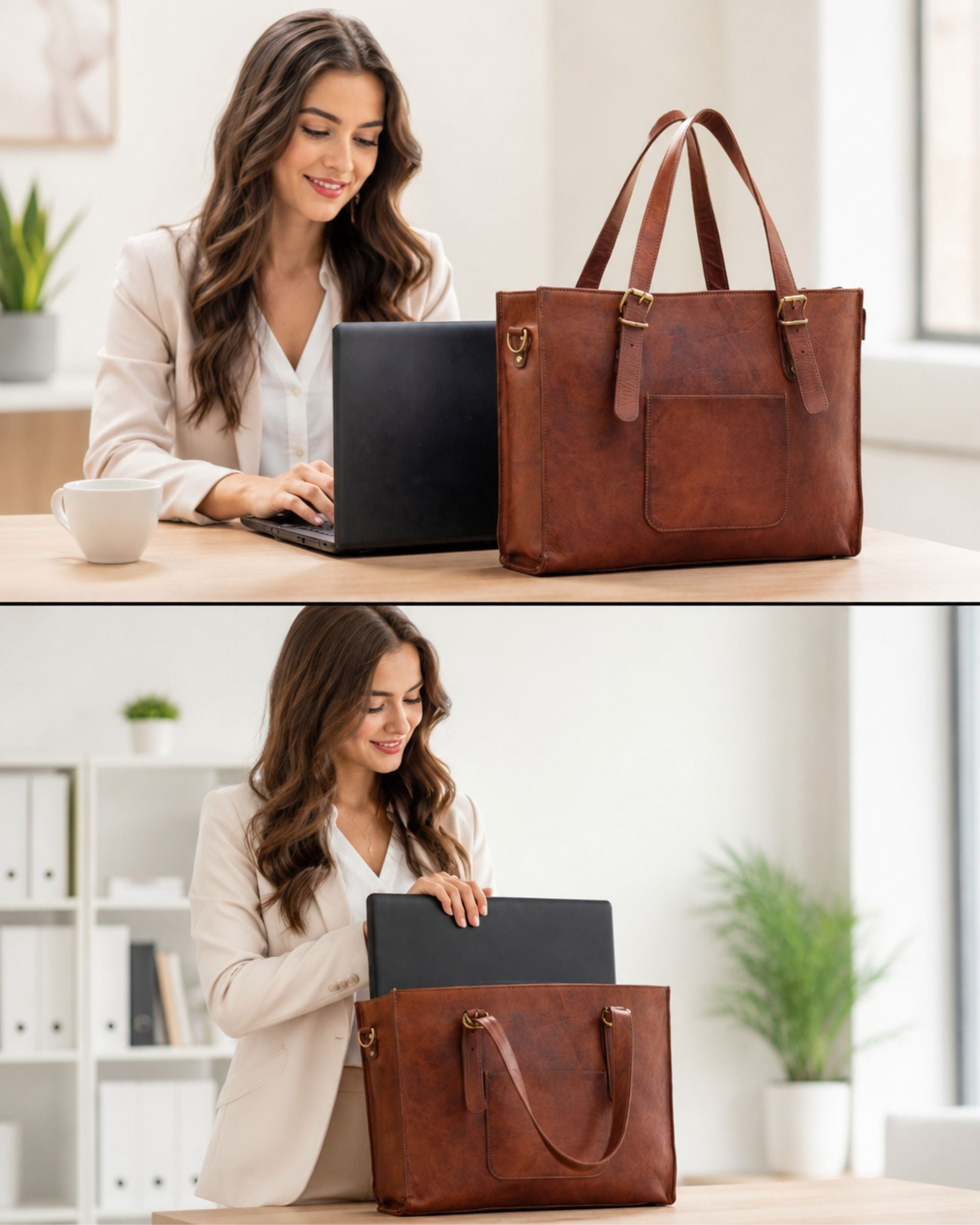 DEKVIO Leather Laptop Tote Bag for Women 15.6 Inch Work Bag Shoulder Handbag with Trolley Sleeve Office Travel Purse