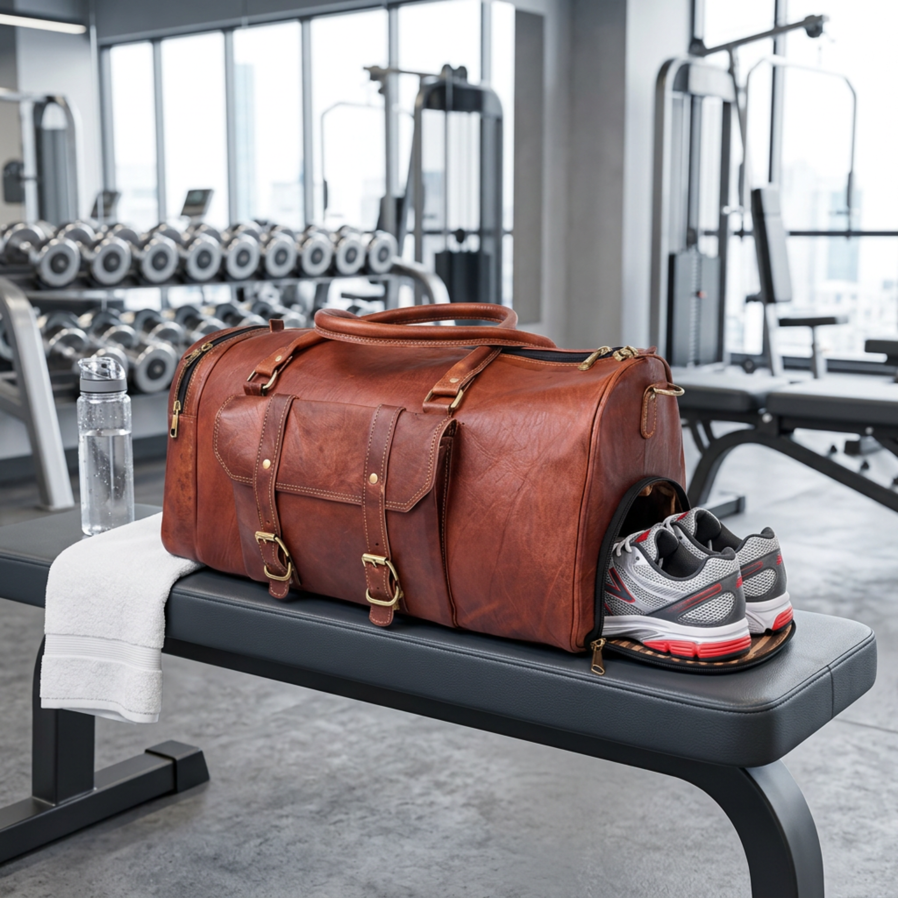DEKVIO Leather Gym Duffle Bag with Shoe Compartment | Handcrafted Genuine Leather Weekender | Men & Women | Brown, Coffee, Tan, Black
