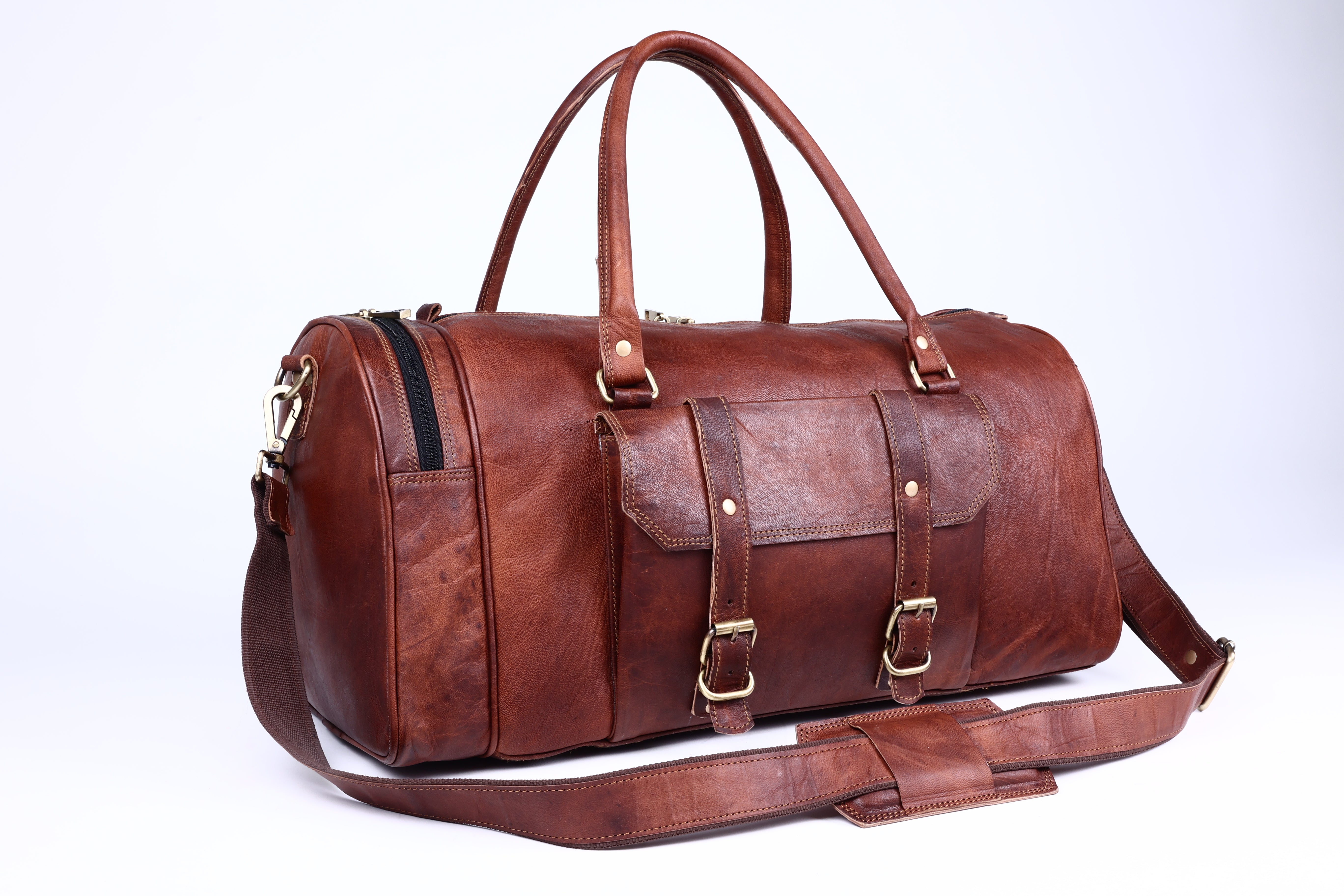 DEKVIO Leather Gym Duffle Bag with Shoe Compartment | Handcrafted Genuine Leather Weekender | Men & Women | Brown, Coffee, Tan, Black