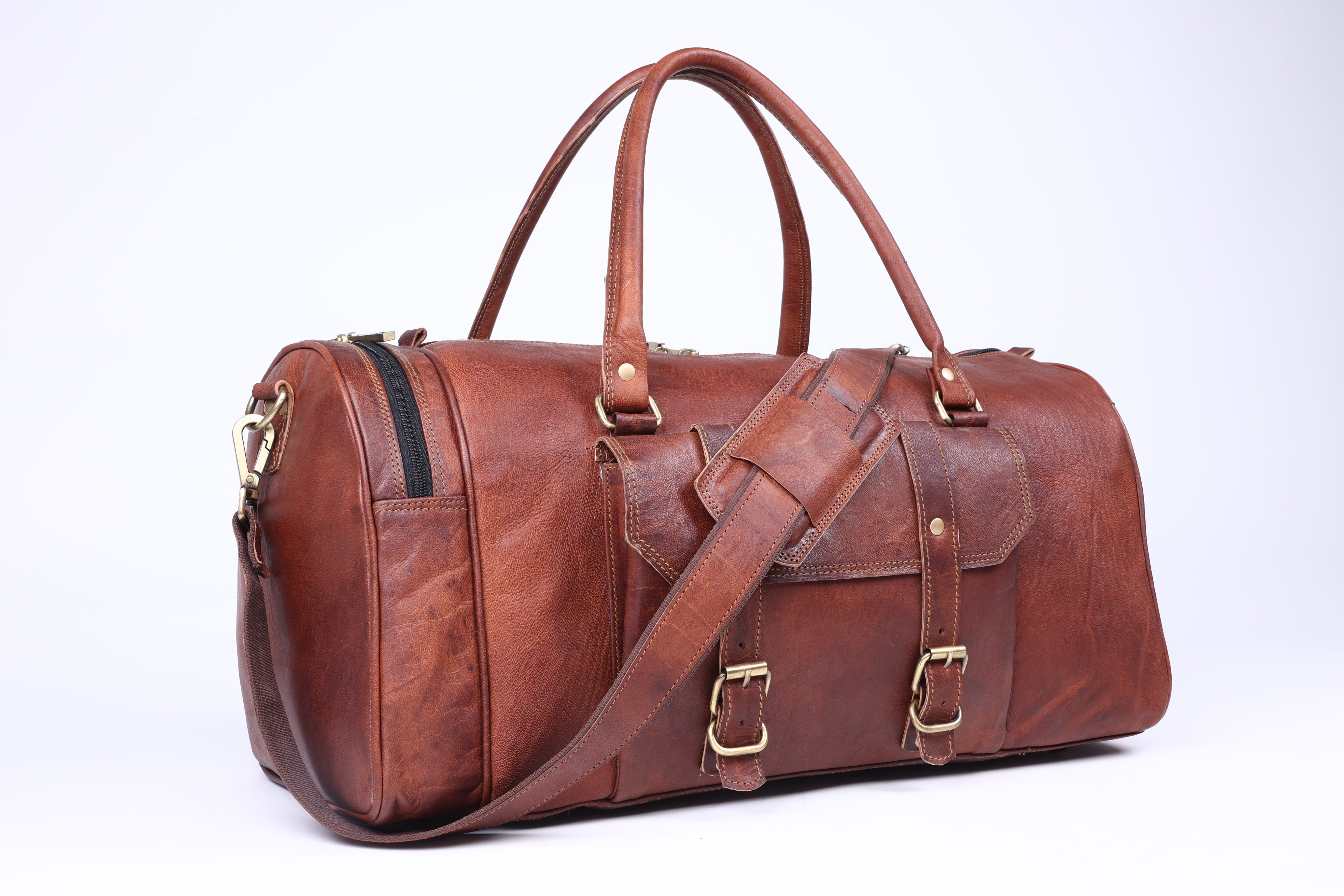 DEKVIO Leather Gym Duffle Bag with Shoe Compartment | Handcrafted Genuine Leather Weekender | Men & Women | Brown, Coffee, Tan, Black