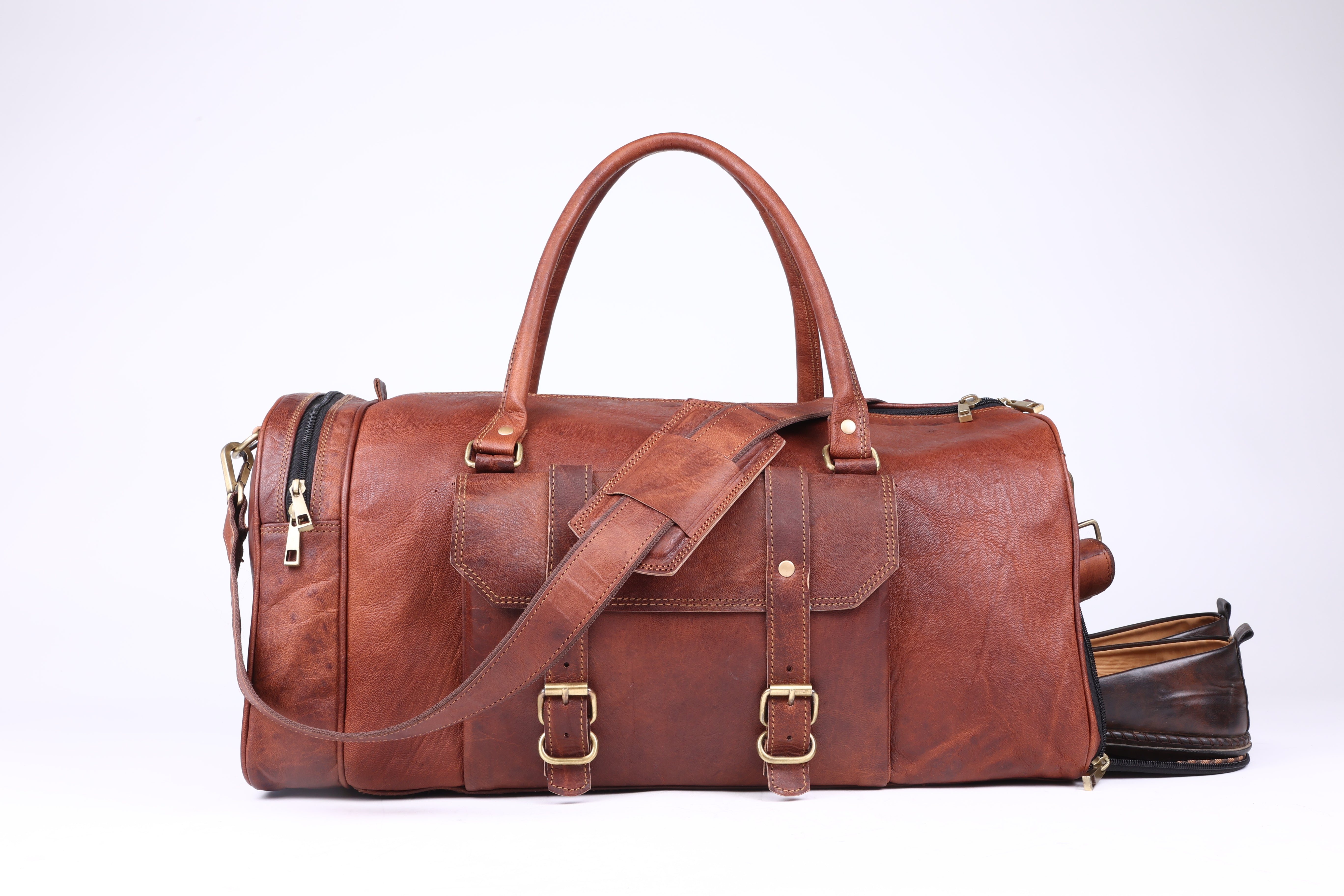 DEKVIO Leather Gym Duffle Bag with Shoe Compartment | Handcrafted Genuine Leather Weekender | Men & Women | Brown, Coffee, Tan, Black