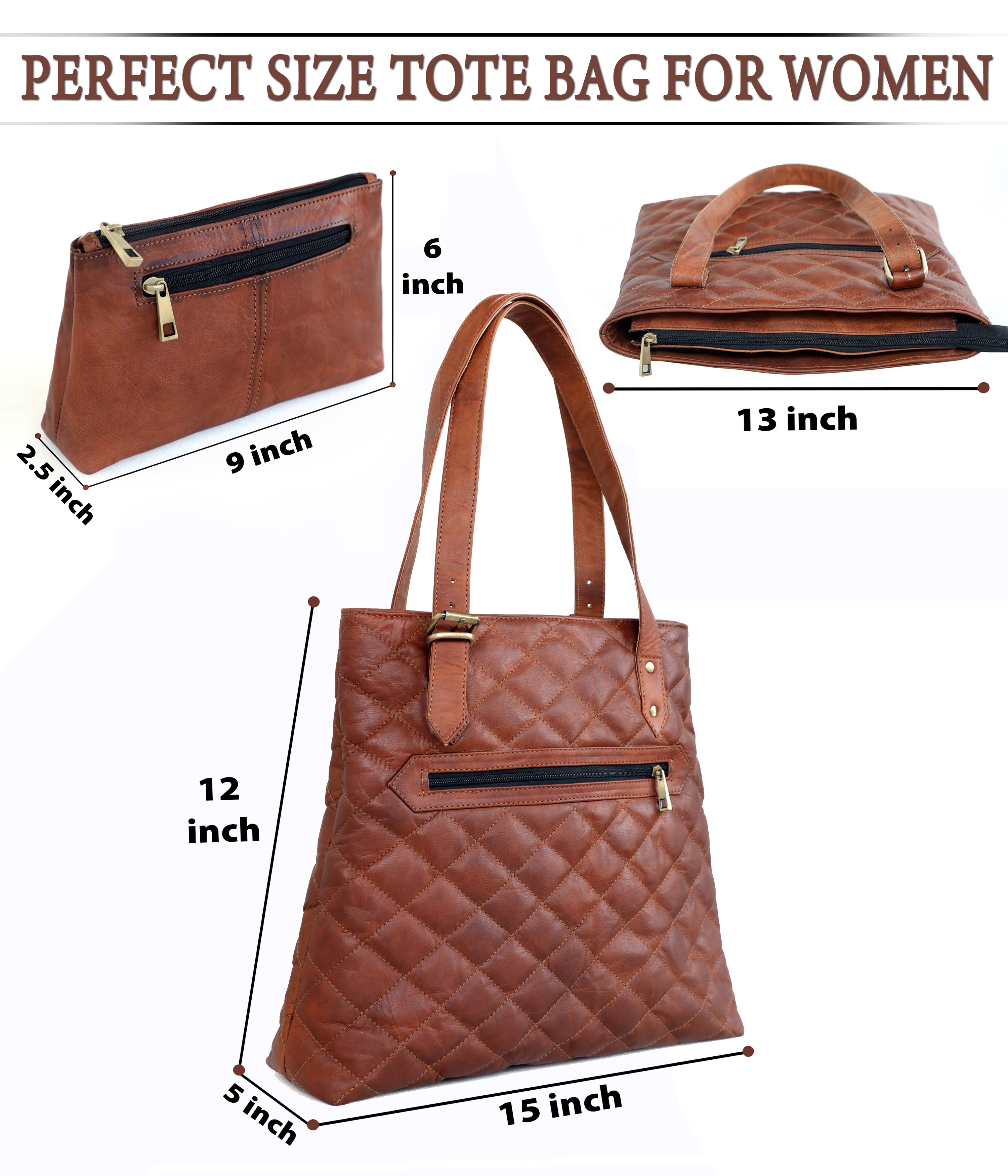 DEKVIO Quilted Leather Tote Bag for Women with Matching Clutch Pouch Genuine Leather Shoulder Handbag for Work Travel