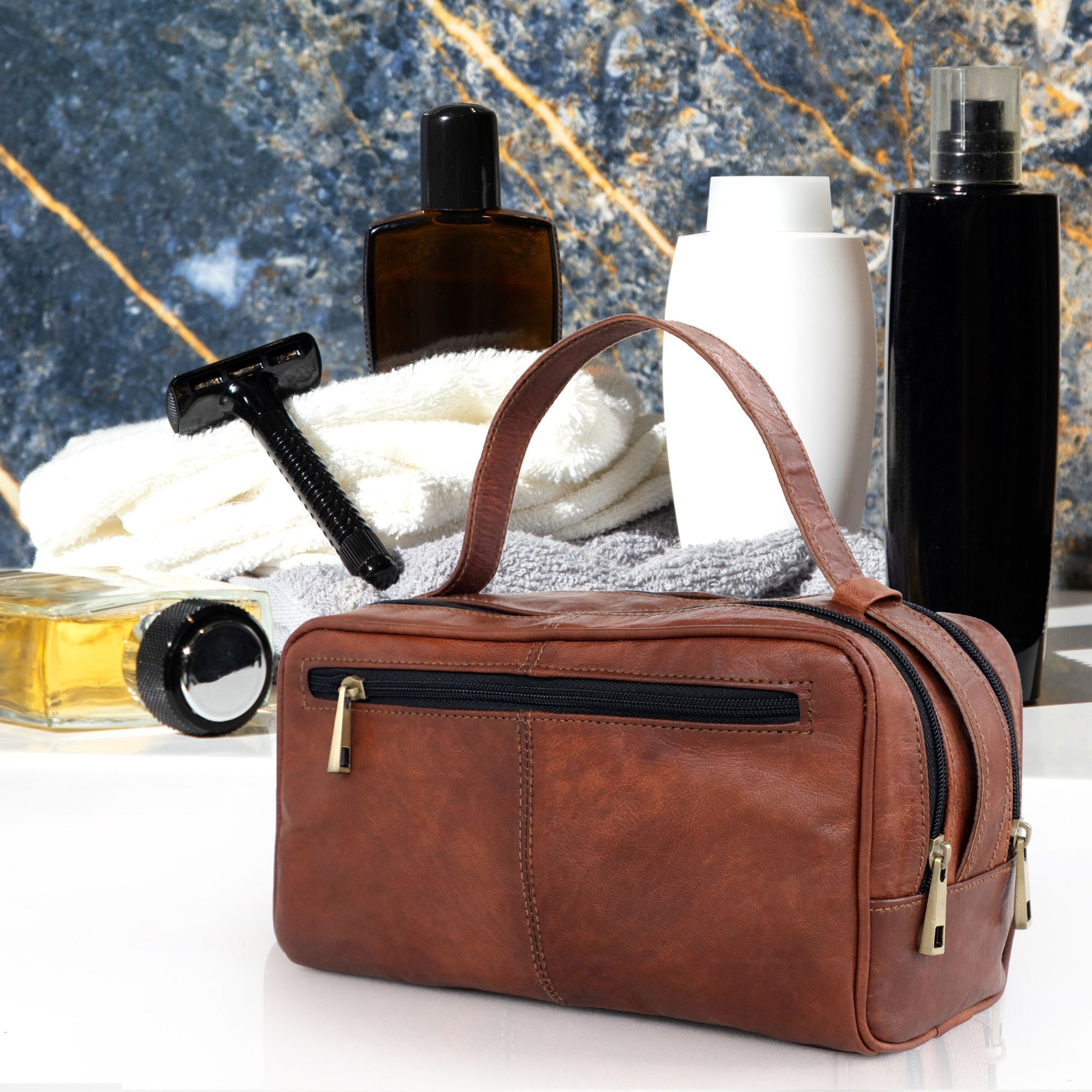 DEKVIO Leather Toiletry Bag Dopp Kit for Men Women Genuine Leather Travel Wash Bag Shaving Kit with Top Zip Opening
