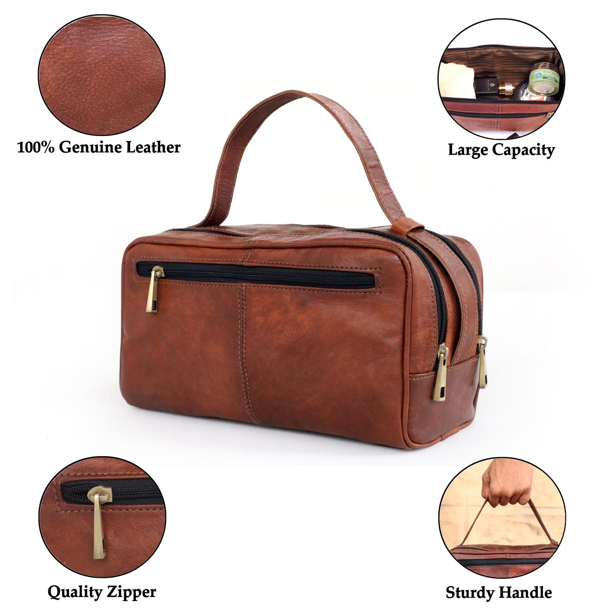DEKVIO Leather Toiletry Bag Dopp Kit for Men Women Genuine Leather Travel Wash Bag Shaving Kit with Top Zip Opening