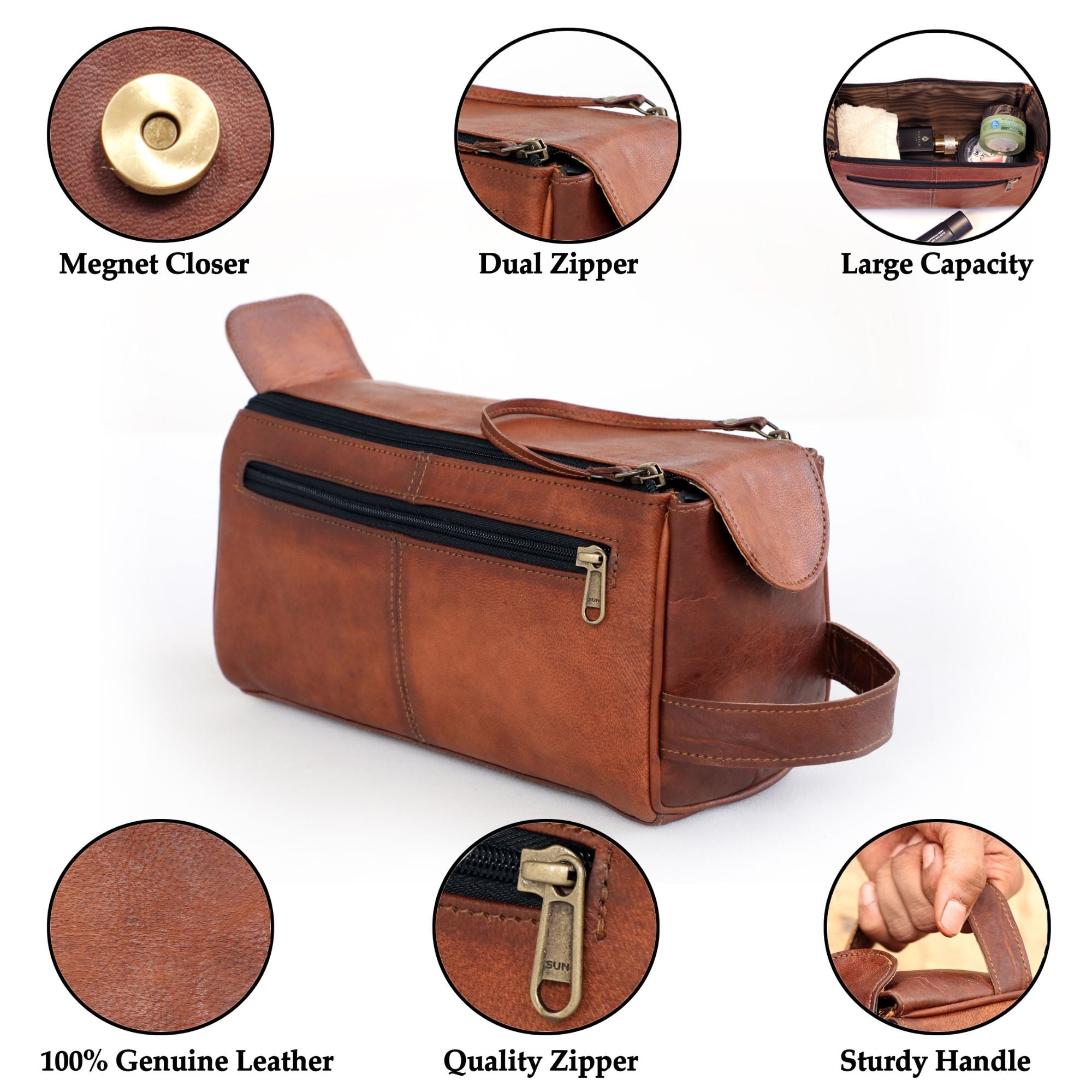 DEKVIO Leather Toiletry Bag for Men Women Travel Dopp Kit Genuine Leather Wash Bag Shaving Kit Cosmetic Organizer