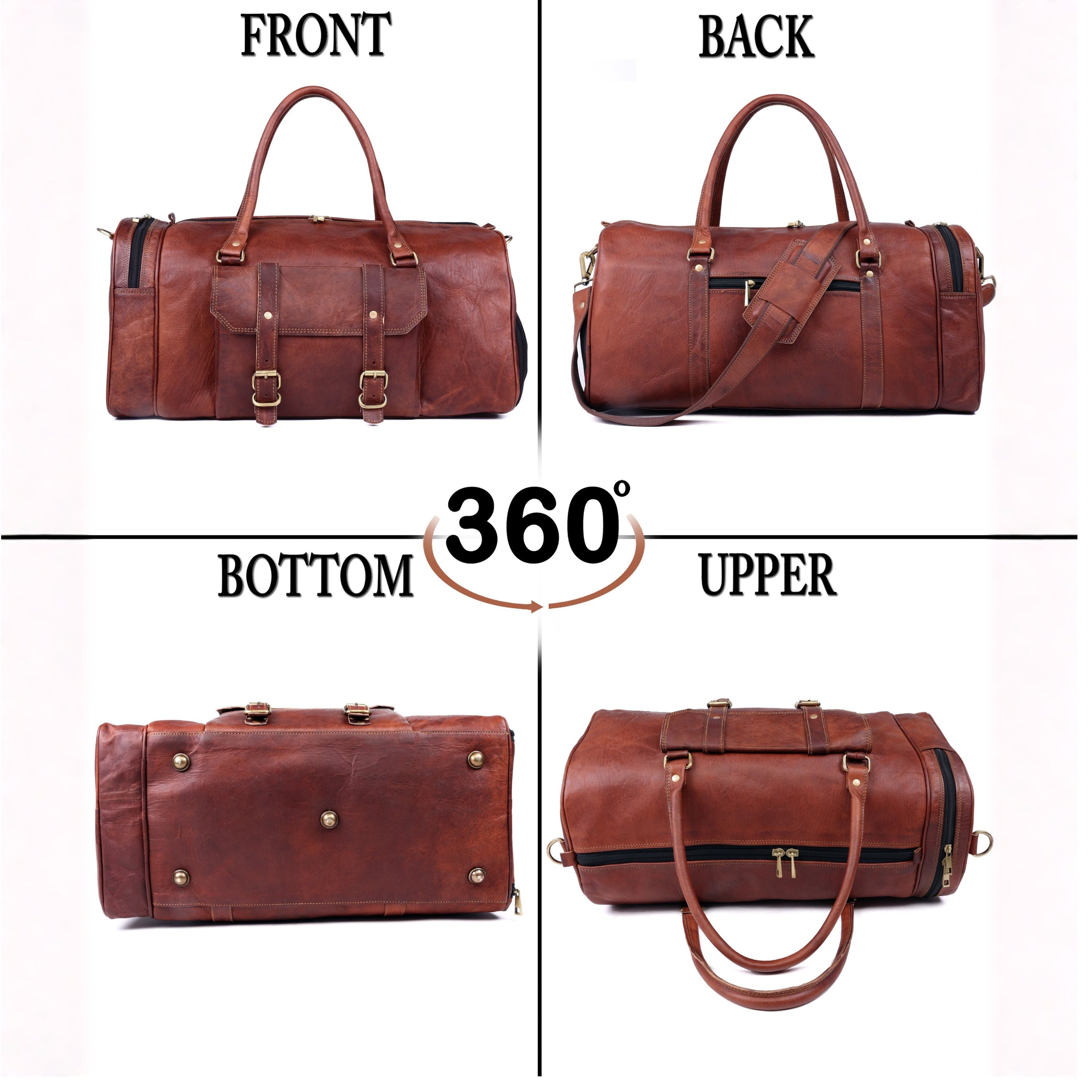 DEKVIO Leather Gym Duffle Bag with Shoe Compartment | Handcrafted Genuine Leather Weekender | Men & Women | Brown, Coffee, Tan, Black