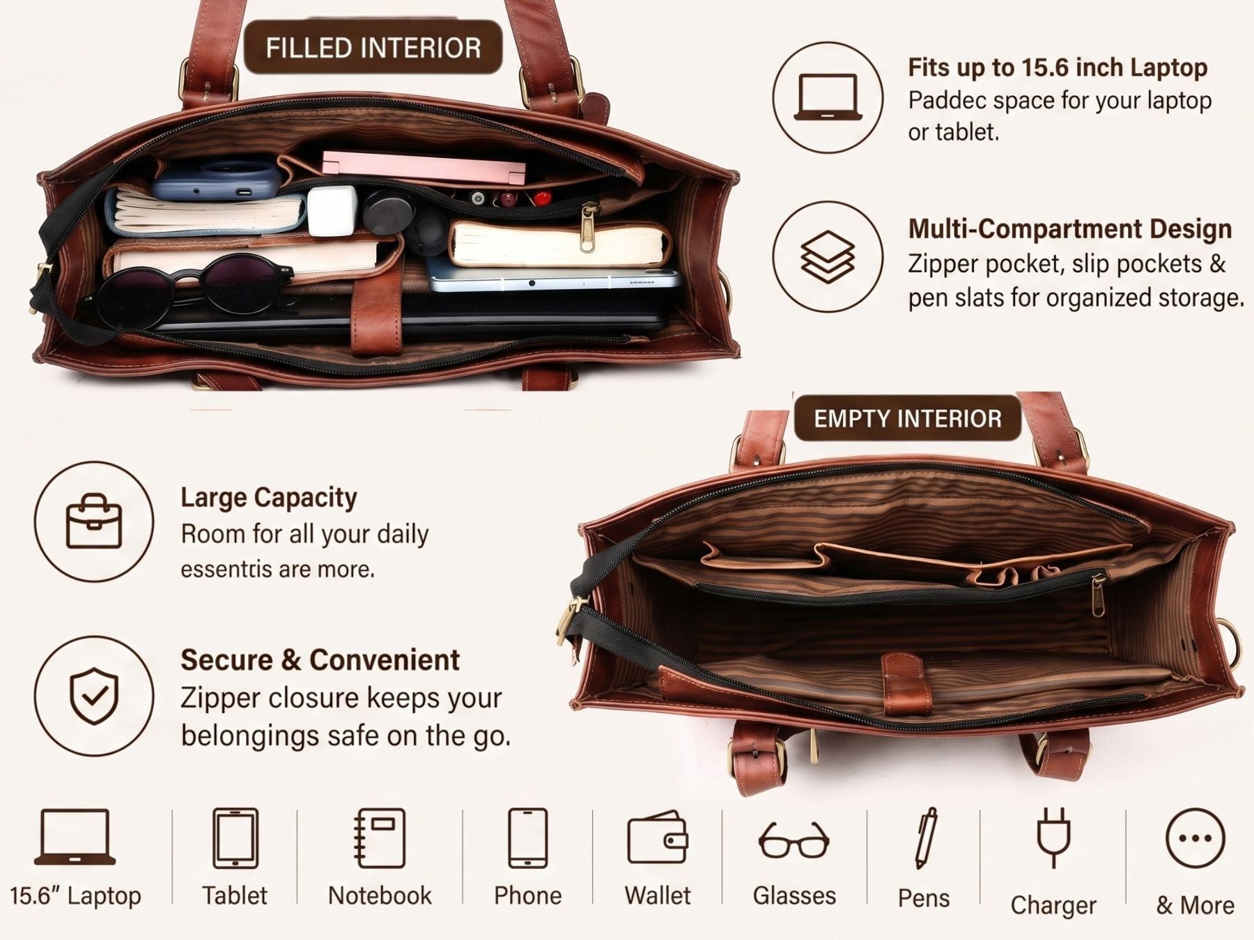 DEKVIO 15.6 inch leather laptop tote work bag with trolley sleeve — product photo 26