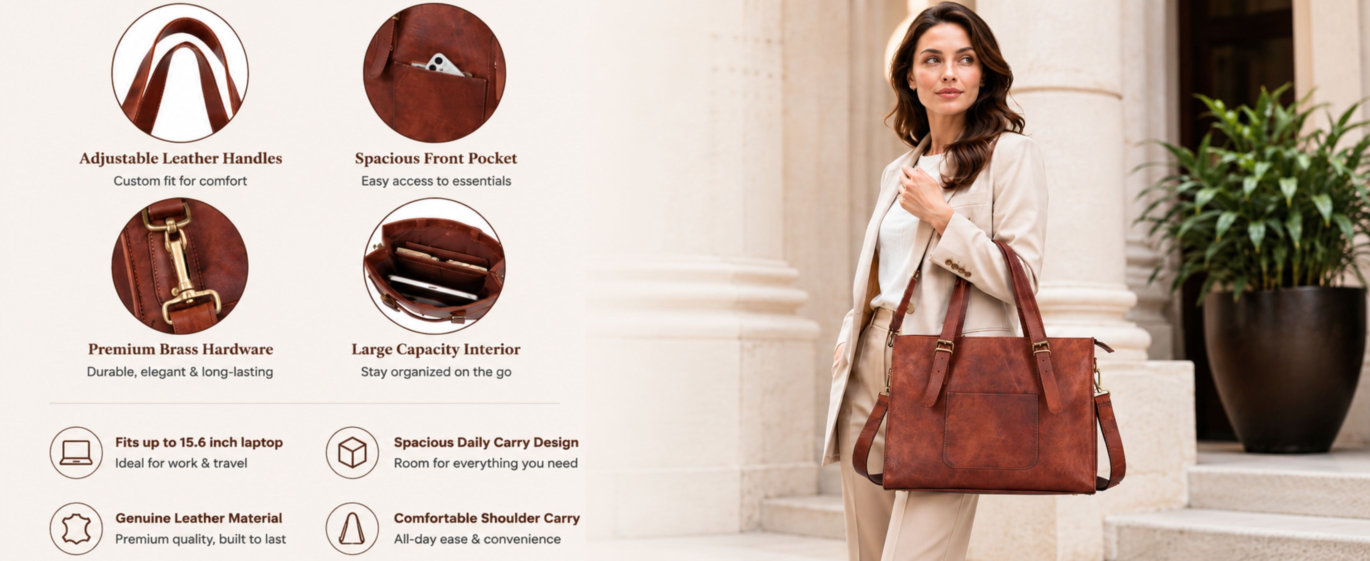 DEKVIO Leather Laptop Tote Bag for Women 15.6 Inch Work Bag Shoulder Handbag with Trolley Sleeve Office Travel Purse