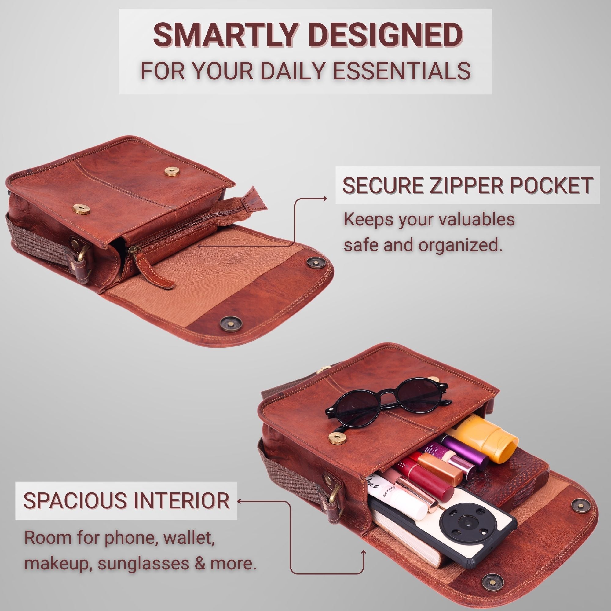 DEKVIO Small Leather Crossbody Purse for Women | Genuine Leather Saddle Bag | Magnetic Closure | Compact Shoulder Bag | Brown, Coffee, Tan, Black