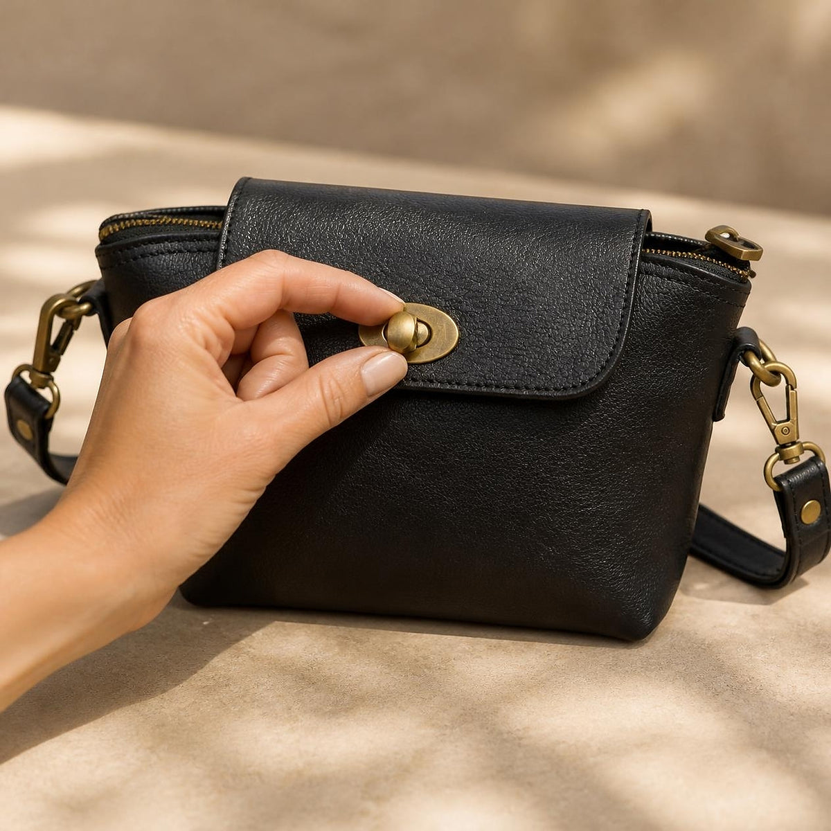 Close-up of the oval antique brass turn-lock on the DEKVIO crossbody purse
