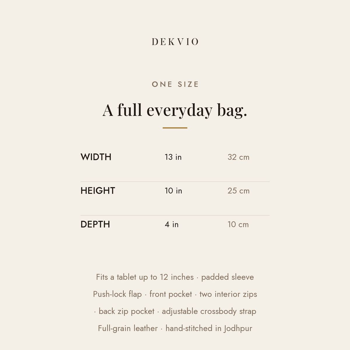 DEKVIO 13 inch leather crossbody saddle bag size guide with dimensions