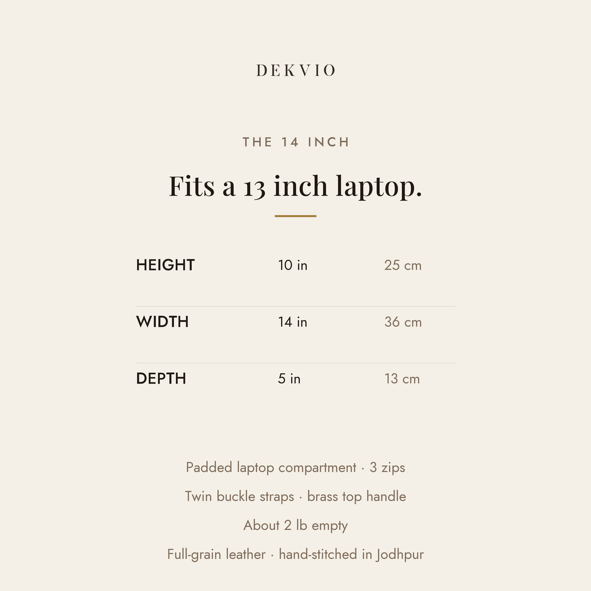DEKVIO size guide: 14 x 10 x 5 inch leather messenger laptop satchel
