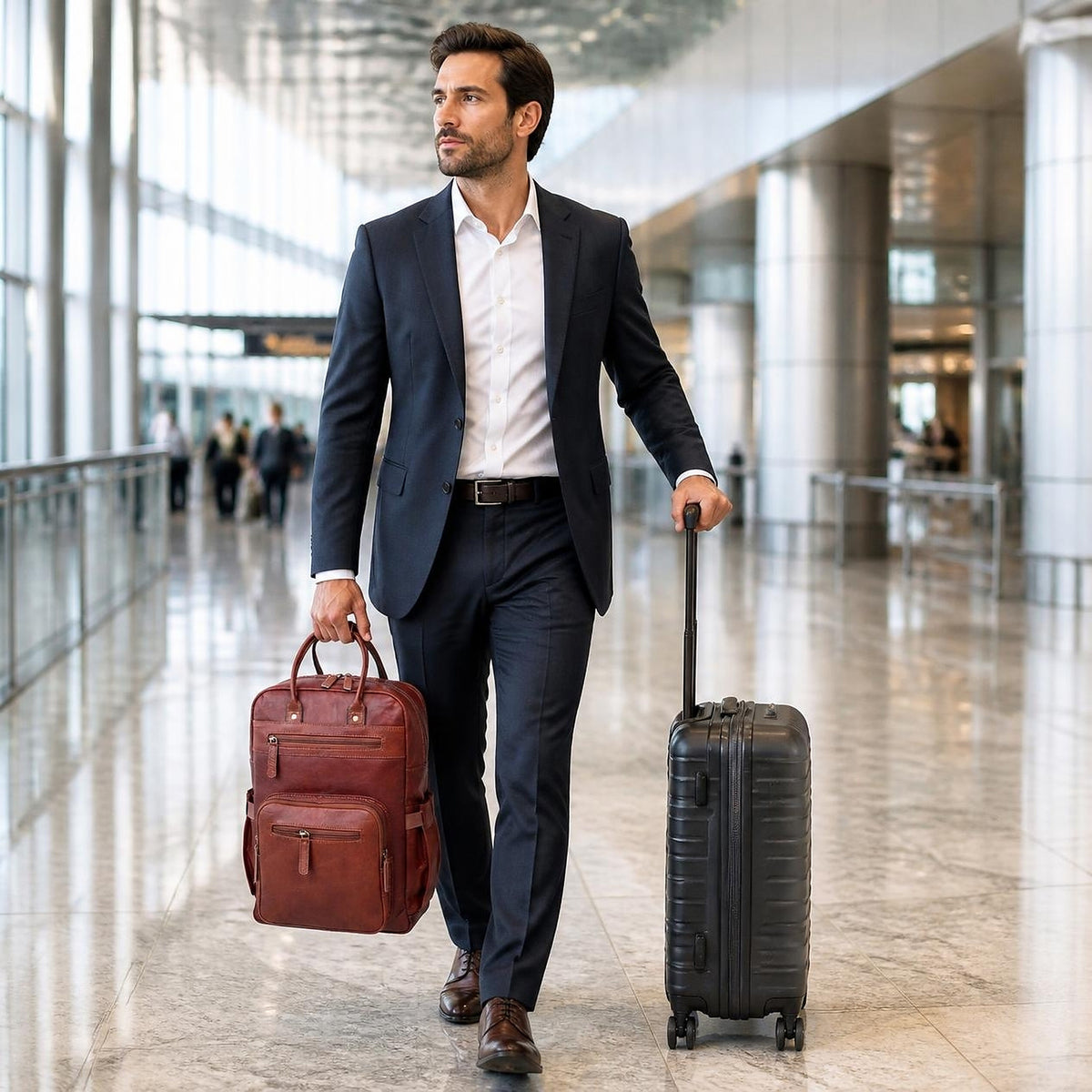 Man carrying the DEKVIO 16 inch leather laptop backpack by its tote handles