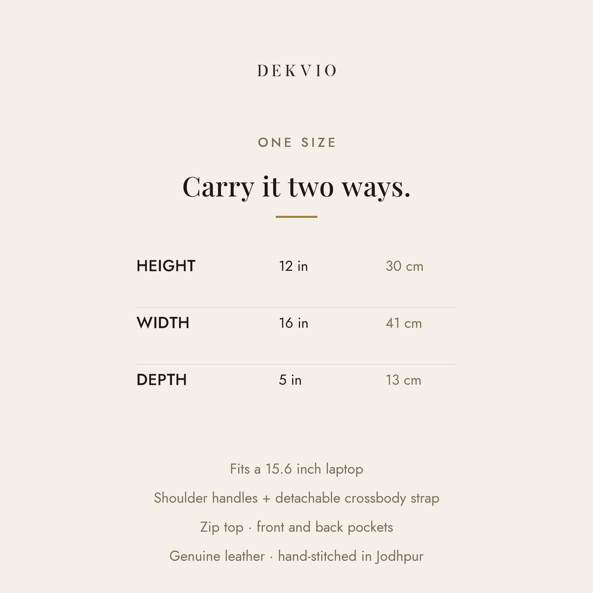 DEKVIO size guide: 16 x 12 x 5 inch leather laptop tote with crossbody strap