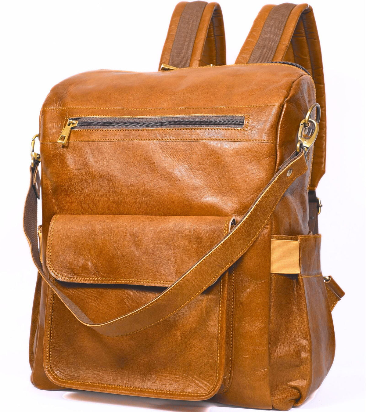 DEKVIO 16 inch leather backpack for women in Tan, front view