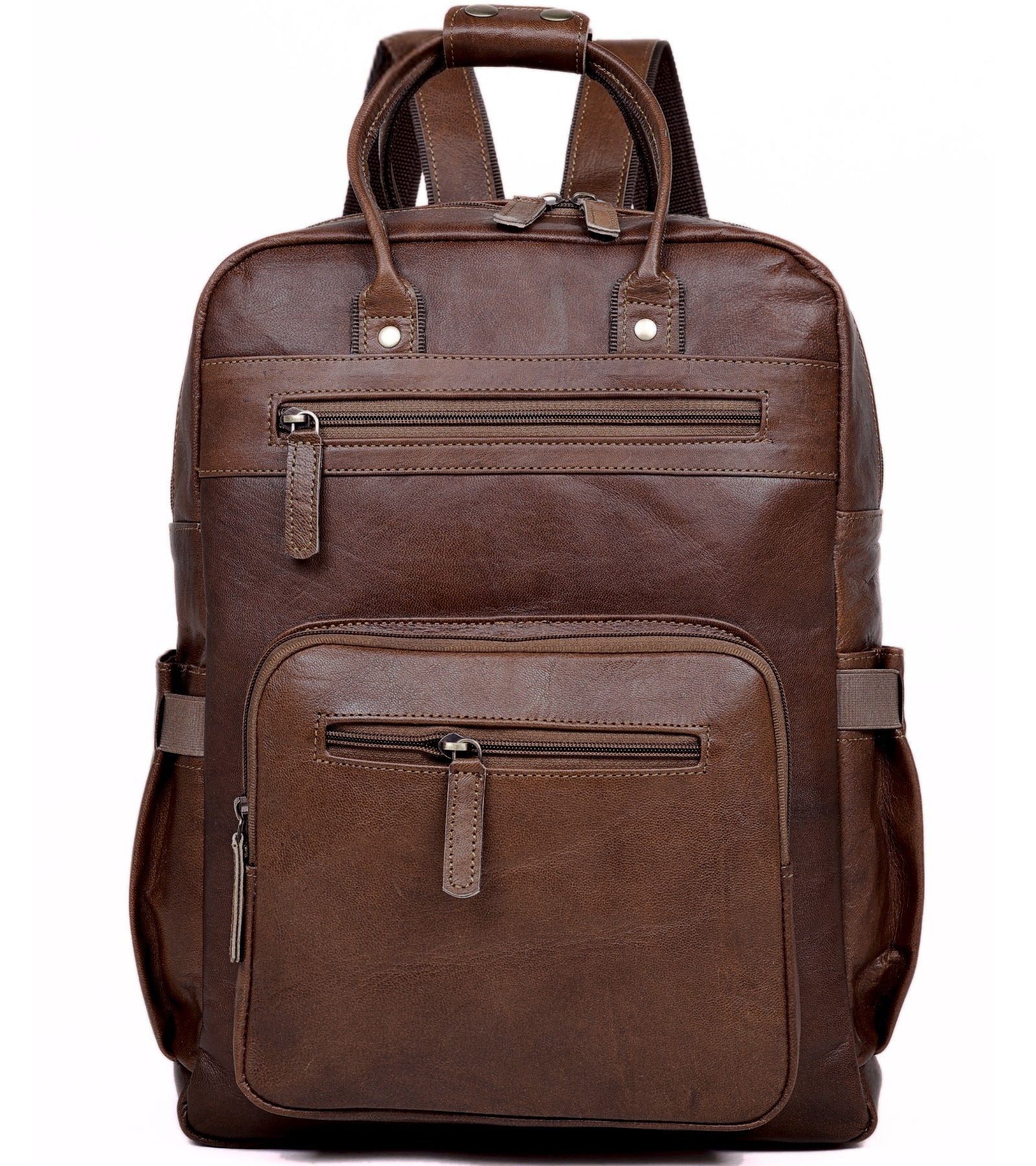 DEKVIO 16 inch leather laptop backpack in Coffee dark brown, front view