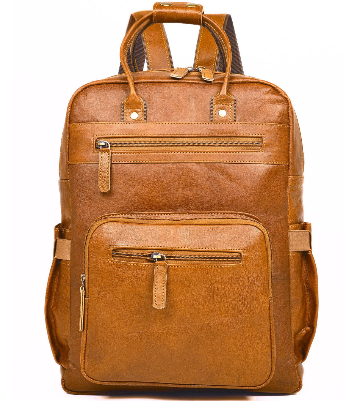DEKVIO 16 inch leather laptop backpack in Tan, front view