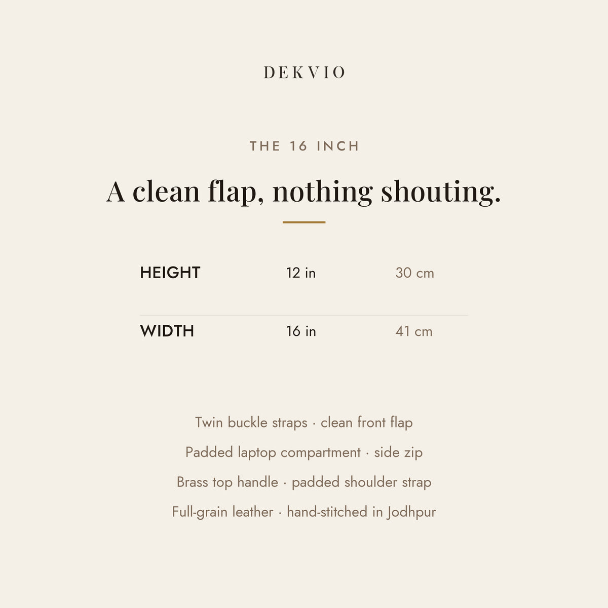 DEKVIO size guide: 16 inches wide by 12 inches tall, clean-flap leather messenger satchel