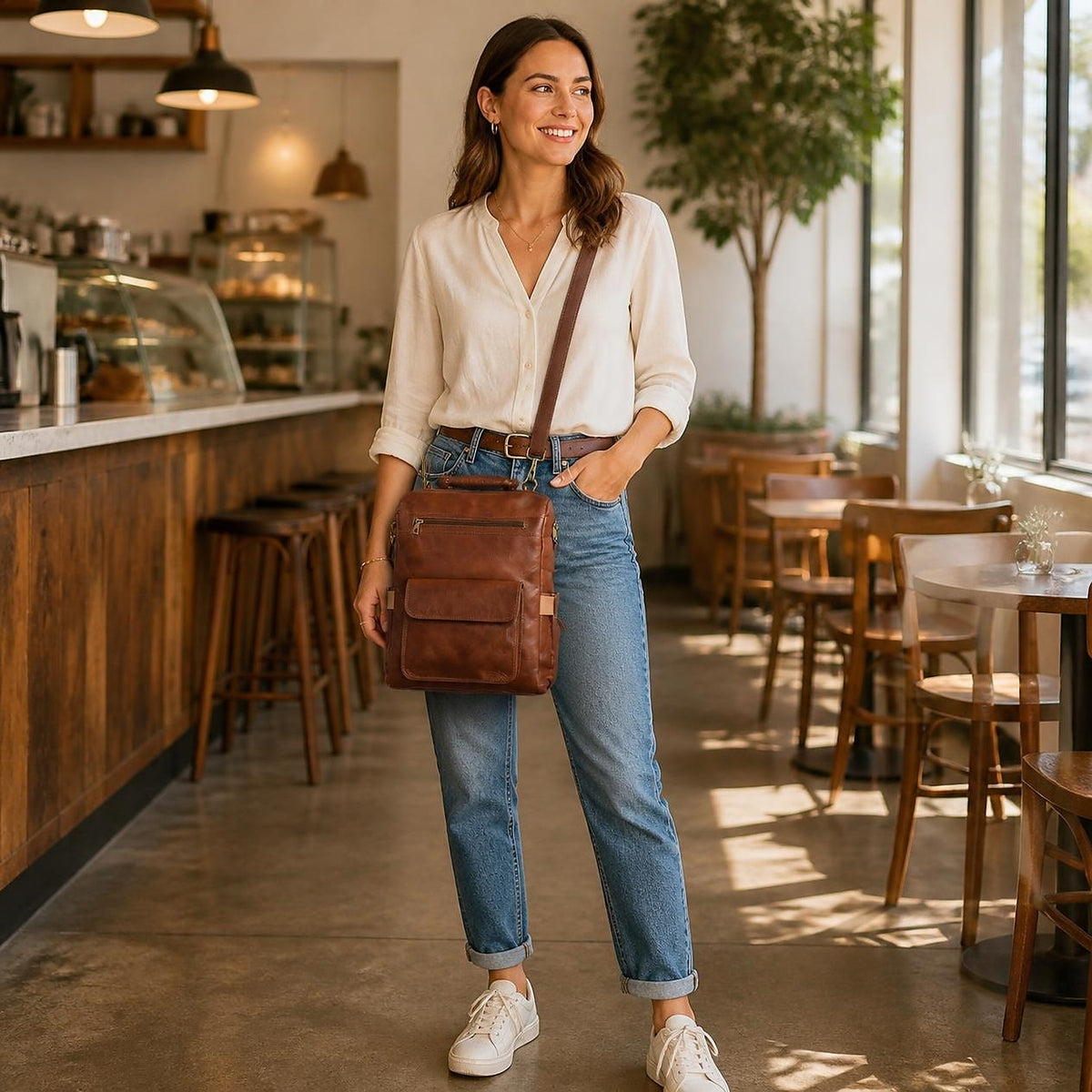 DEKVIO 16 inch leather backpack worn as a crossbody on its removable strap