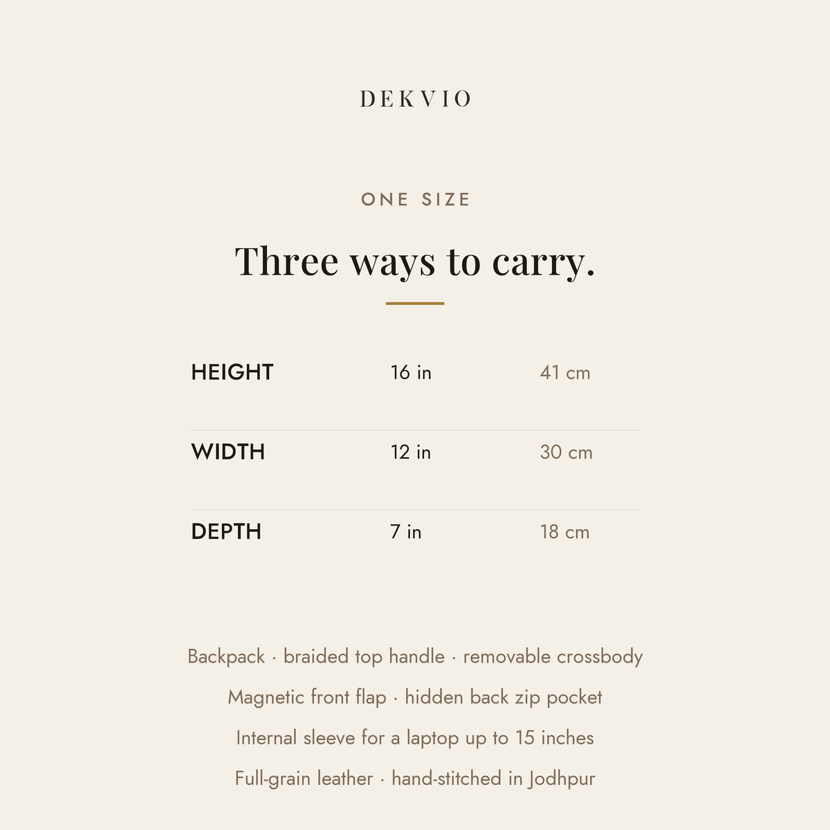 DEKVIO size guide: 16 x 12 x 7 inches, three-way carry, magnetic front flap