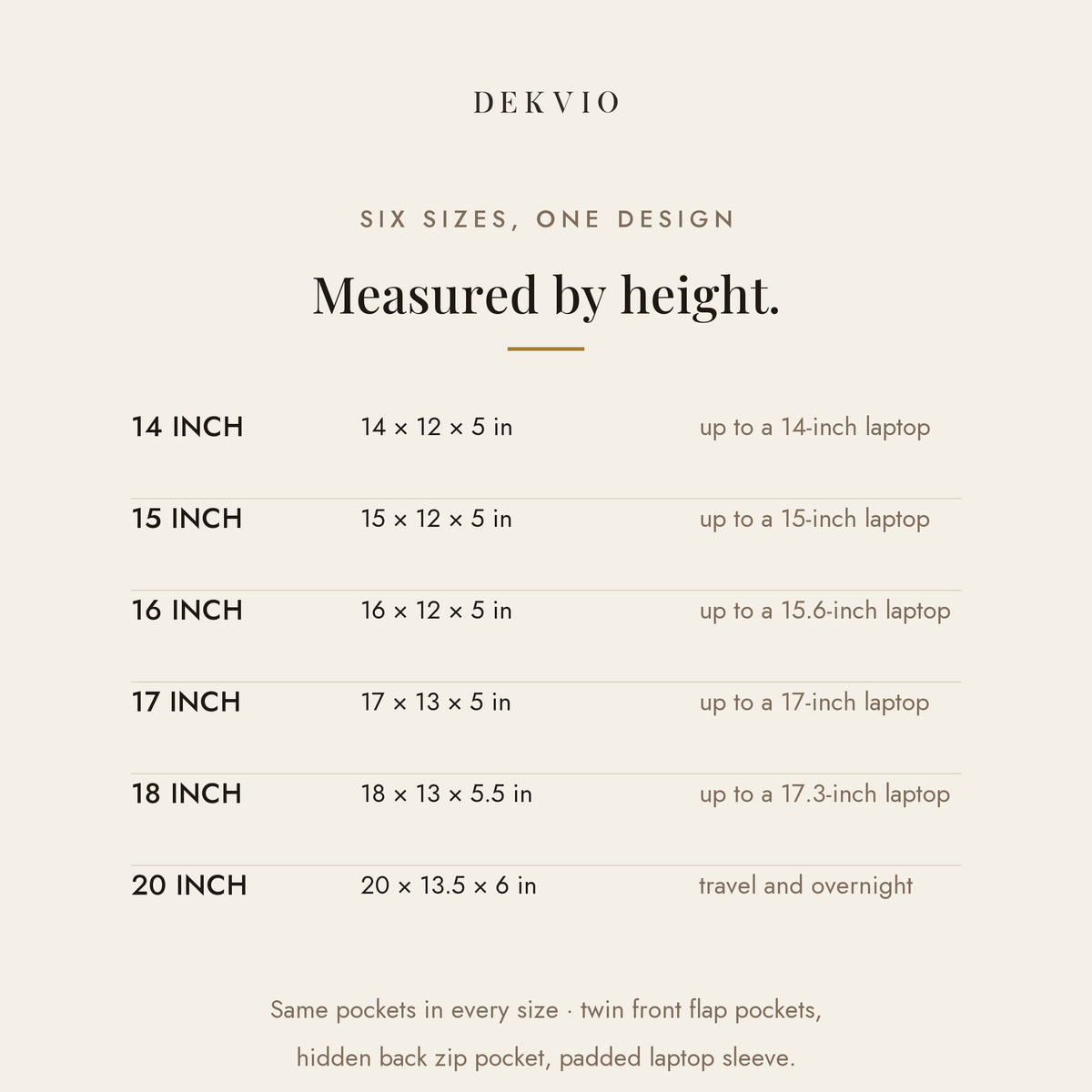 DEKVIO Explorer leather backpack size guide with dimensions
