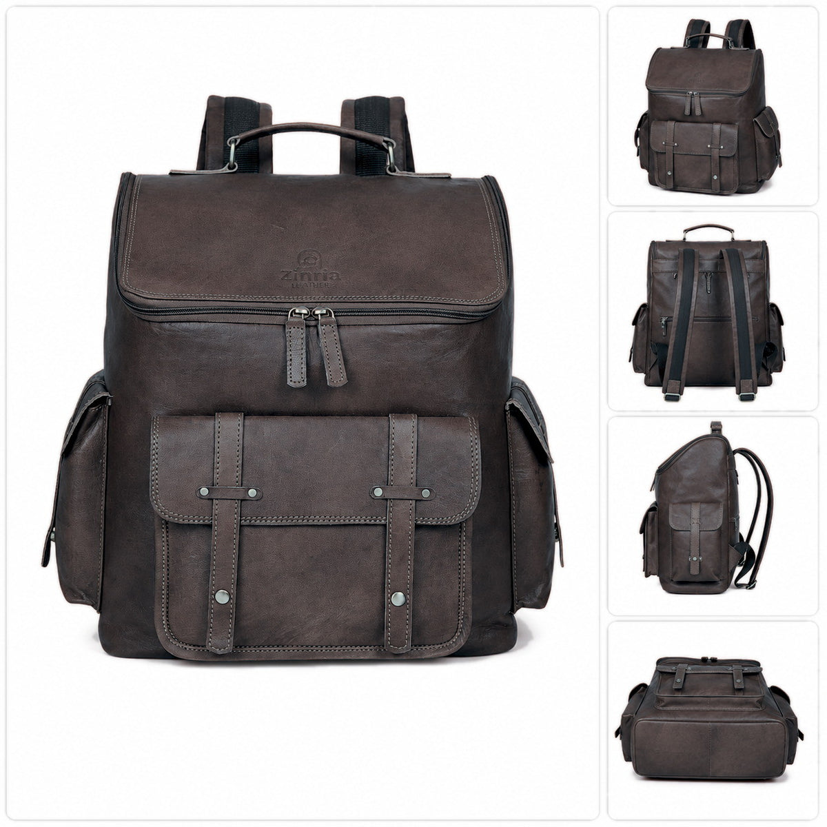DEKVIO 17 inch Vintage leather backpack in Black, all views