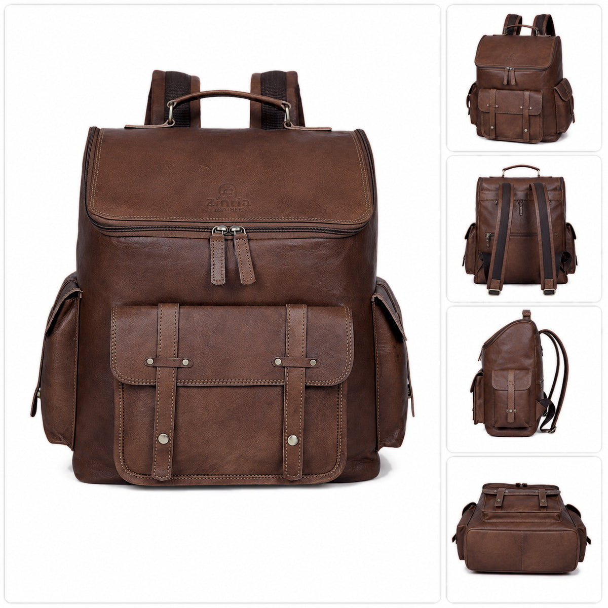 DEKVIO 17 inch Vintage leather backpack in Coffee dark brown, all views