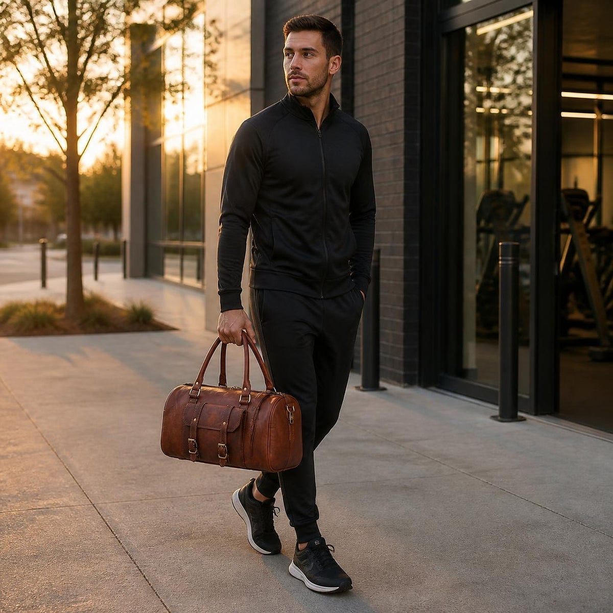 Man leaving the gym carrying the DEKVIO brown leather barrel gym duffle
