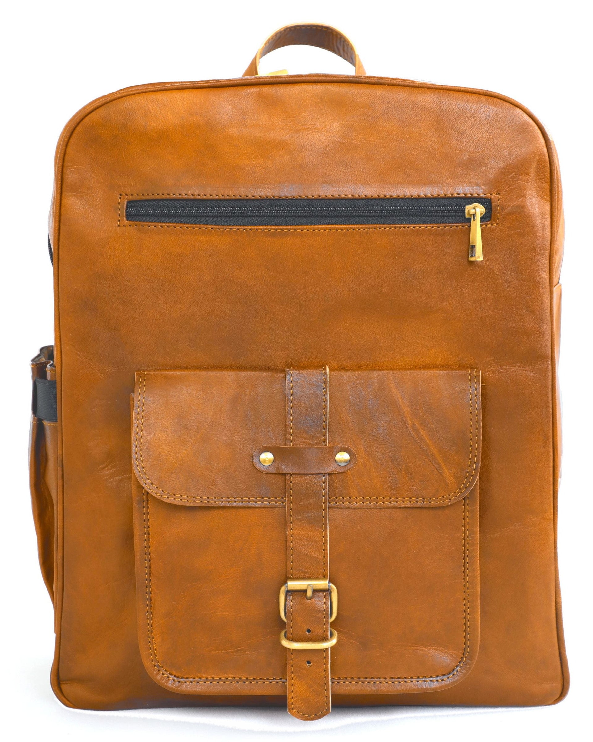 DEKVIO 18 inch leather backpack in Tan, front view