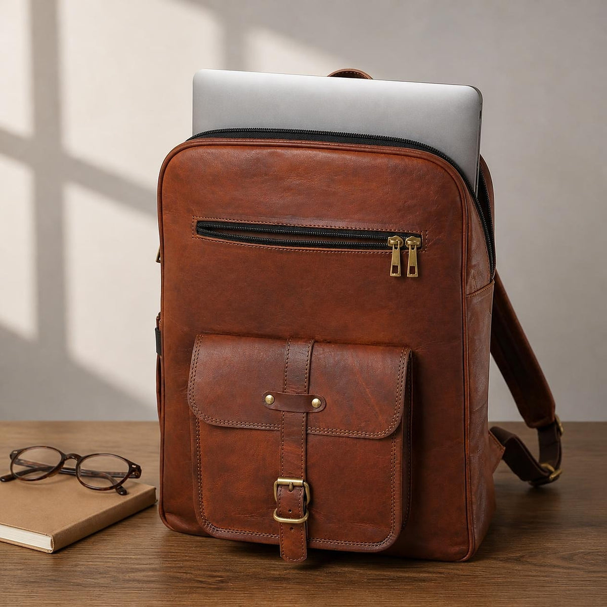 A 15.6 inch laptop going into the DEKVIO 18 inch leather backpack