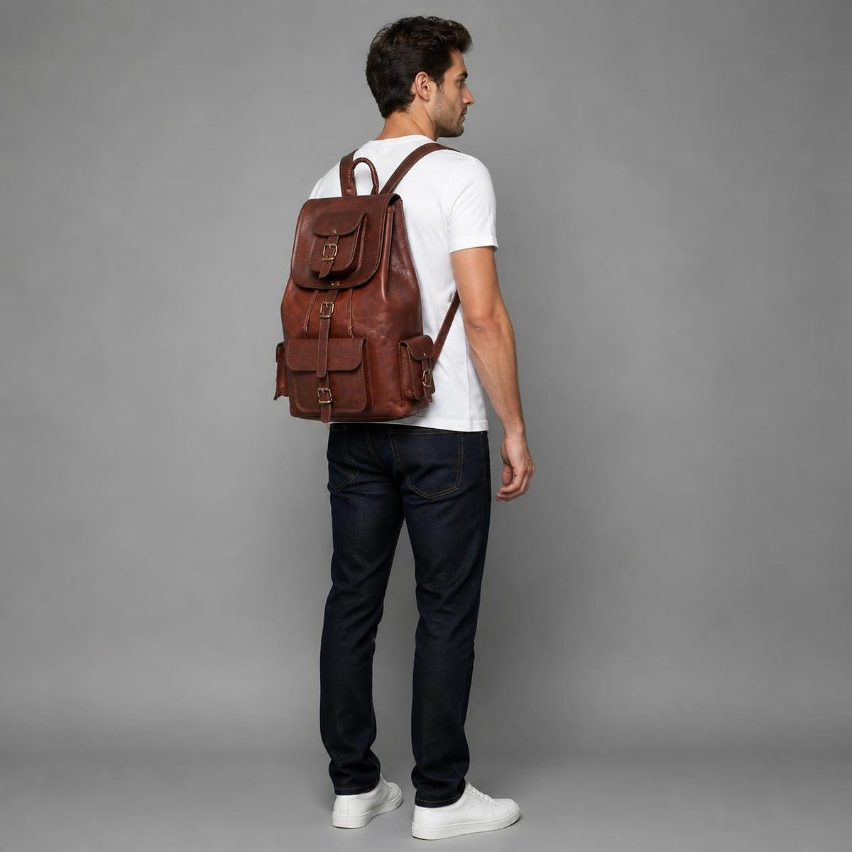 Full-length studio shot showing the rucksack at its true 20-inch size