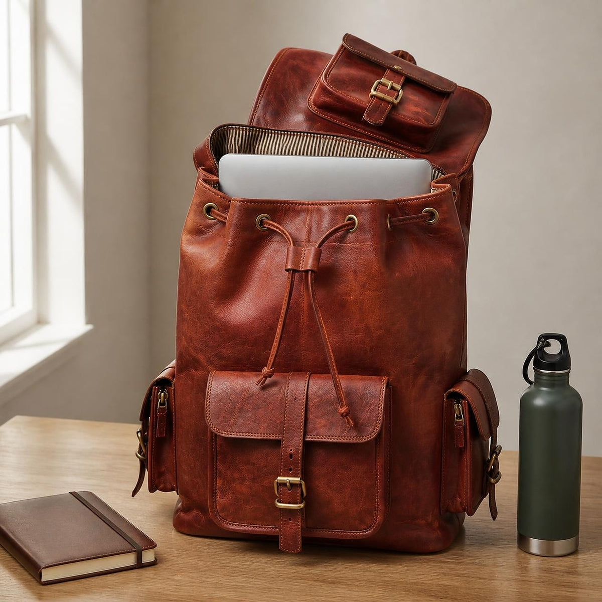 A laptop going into the rucksack's padded internal sleeve